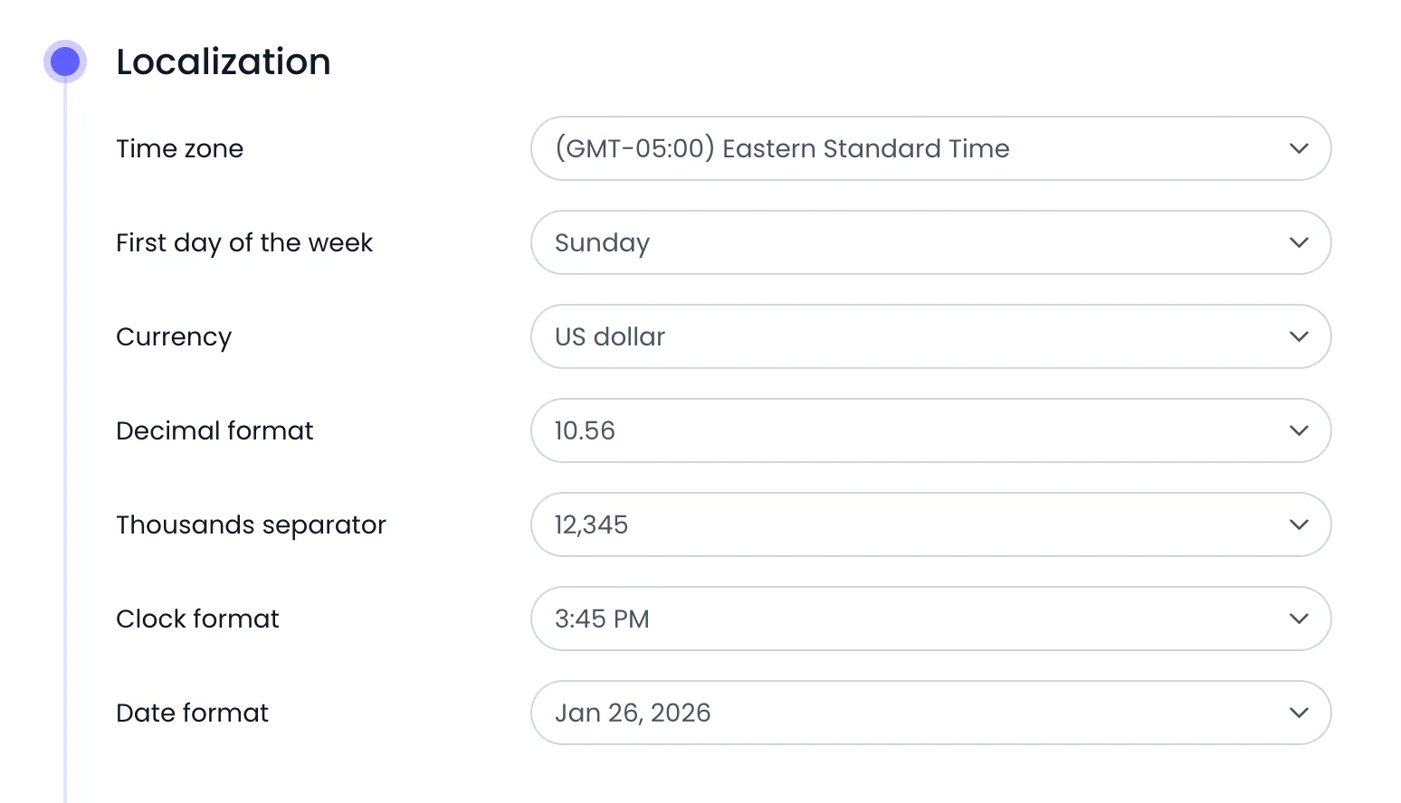 Beebole Account Settings Localization panel showing Time zone (GMT-05:00) Eastern Standard Time, First day of the week Sunday, Currency US dollar, Decimal format 10.56, Thousands separator 12,345, Clock format 3:45 PM, and Date format Jan 26, 2026