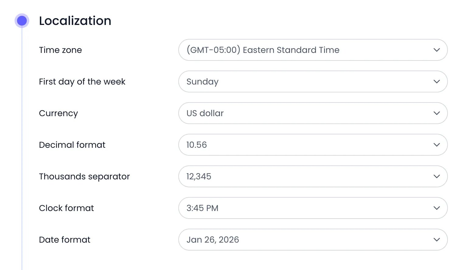 Beebole Account Settings Localization panel showing Time zone (GMT-05:00) Eastern Standard Time, First day of the week Sunday, Currency US dollar, Decimal format 10.56, Thousands separator 12,345, Clock format 3:45 PM, and Date format Jan 26, 2026
