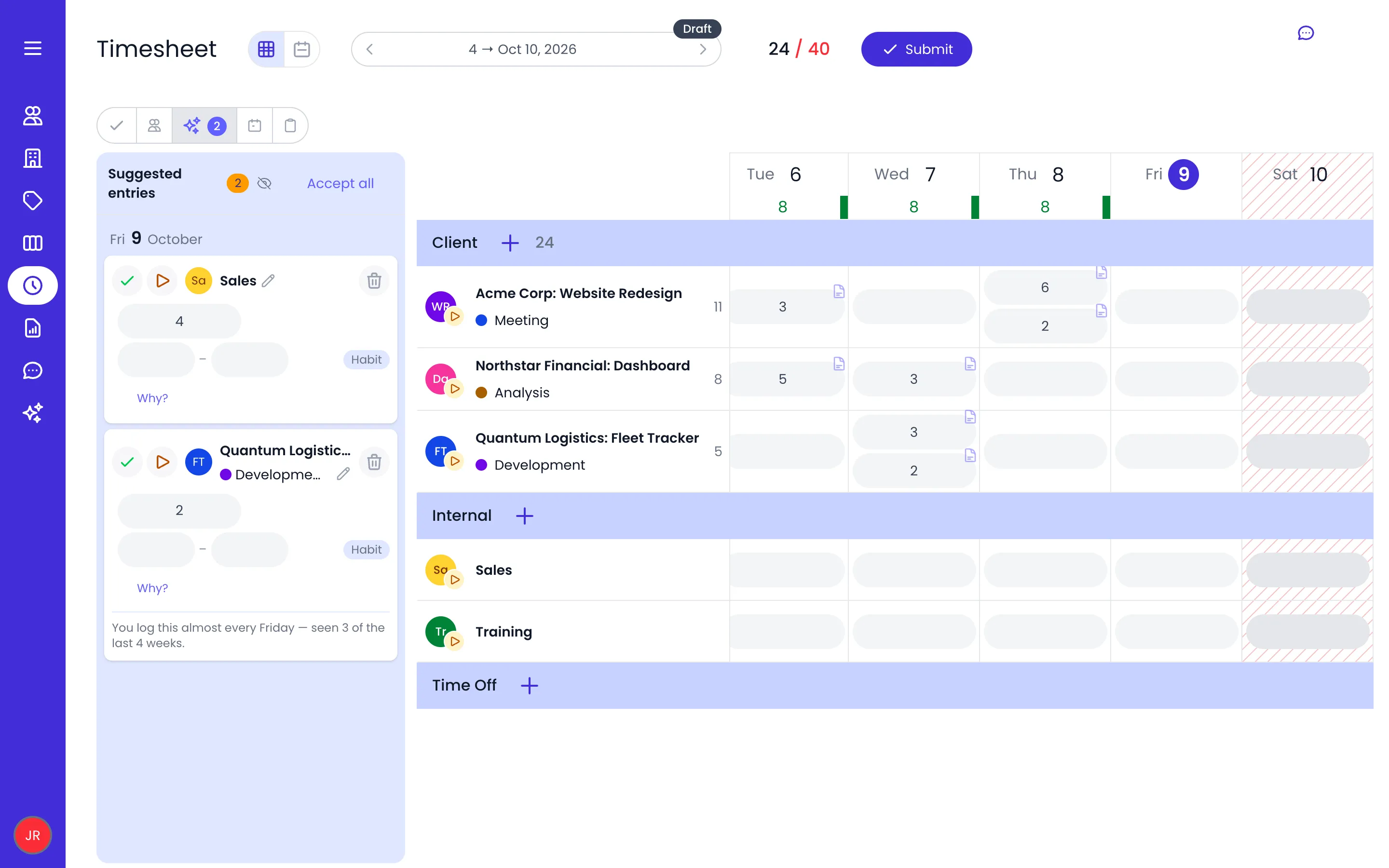 Beebole timesheet in grid view with the Suggested entries pane open on the left: an Accept all link, and two cards for today on Sales and on Quantum Logistics: Fleet Tracker, Development, each with its duration, a Habit badge, accept and delete buttons and a Why? link