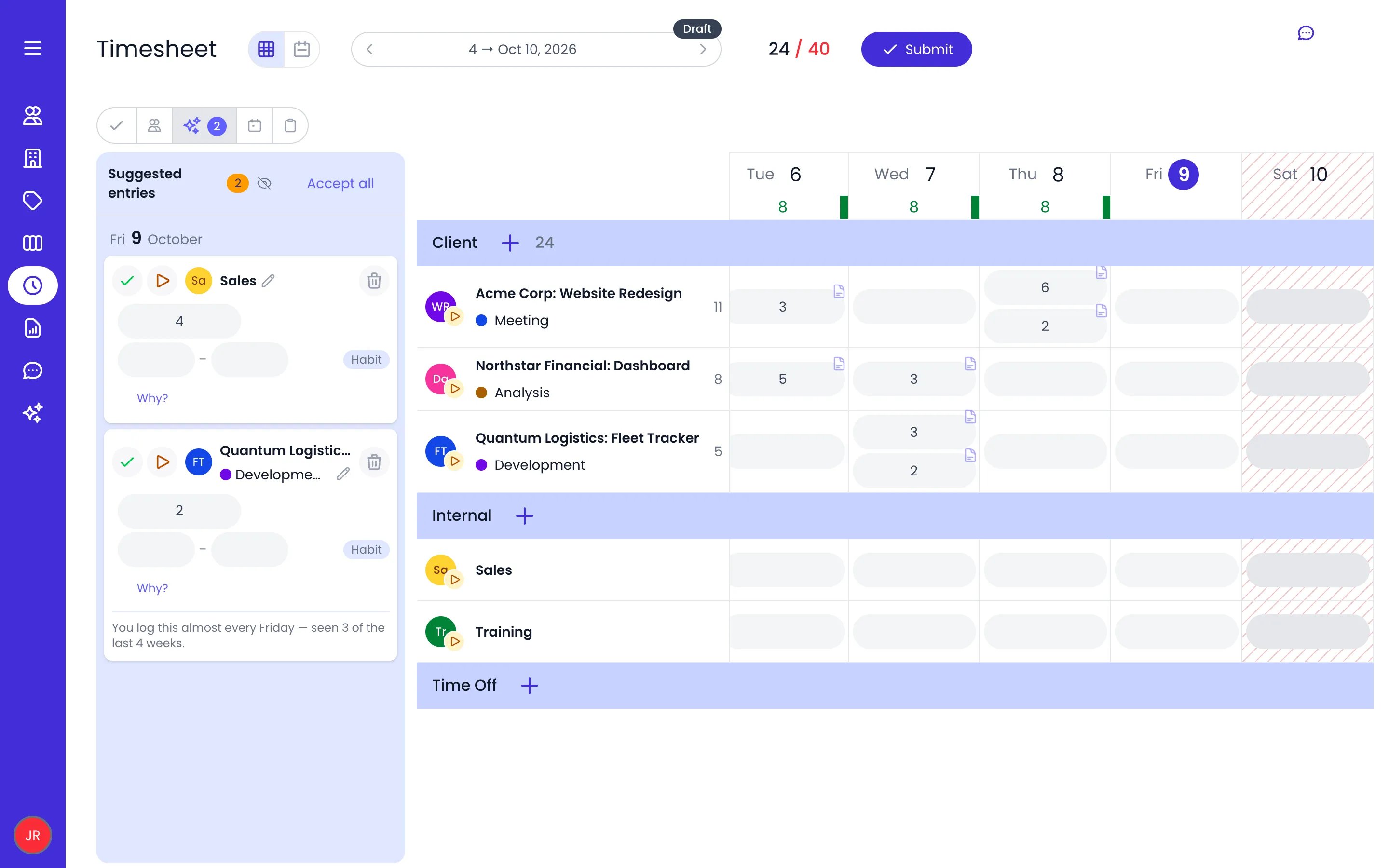 Beebole timesheet in grid view with the Suggested entries pane open on the left: an Accept all link, and two cards for today on Sales and on Quantum Logistics: Fleet Tracker, Development, each with its duration, a Habit badge, accept and delete buttons and a Why? link