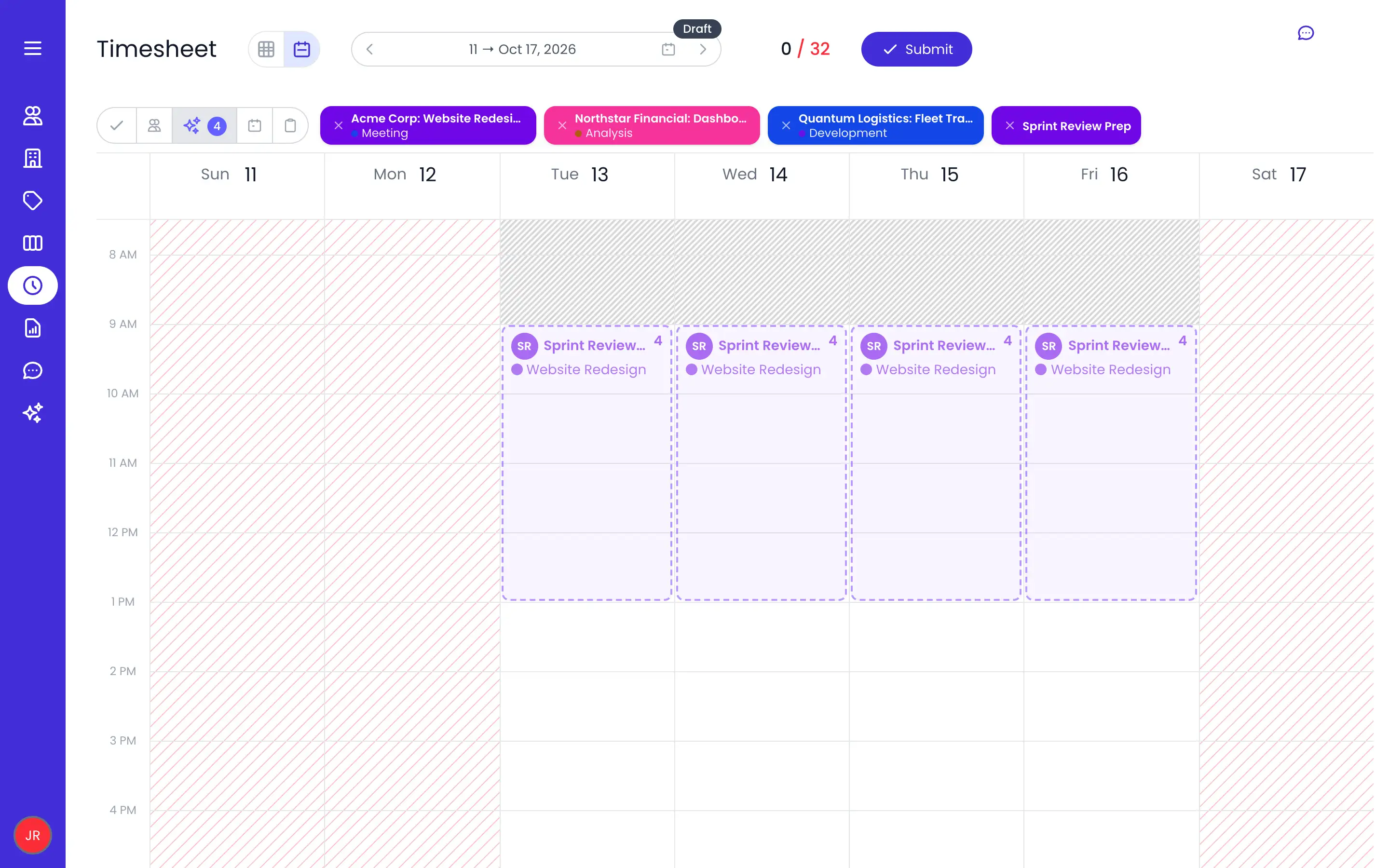 Beebole timesheet calendar view of the week of October 11 to 17, 2026, with a muted, dashed forecast card for the planned Sprint Review Prep task on Website Redesign each day from Tuesday to Friday, 4 hours each