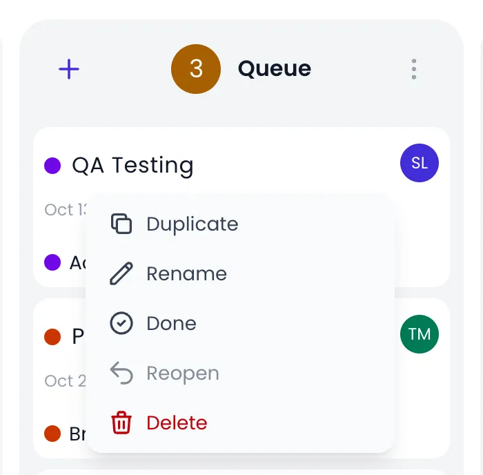 Beebole Kanban Queue column with the ⋯ menu of the QA Testing card open, listing Duplicate, Rename, Done, Reopen (unavailable) and Delete
