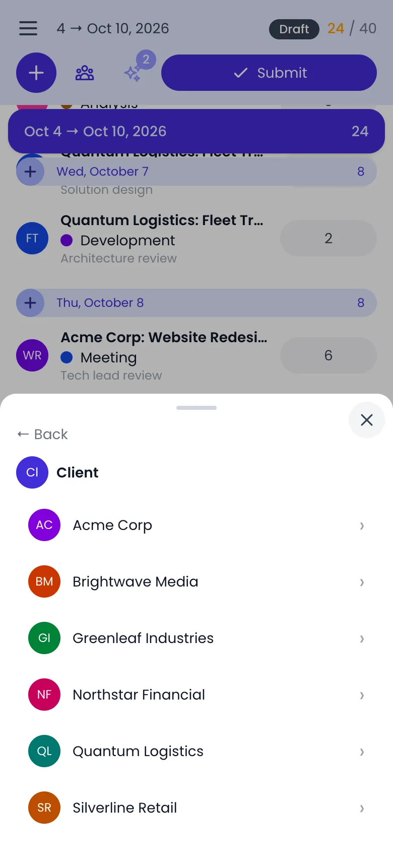 Beebole activity selector bottom sheet on a phone showing the Client category with Back above it and the clients in alphabetical order, Acme Corp, Brightwave Media, Greenleaf Industries, Northstar Financial, Quantum Logistics and Silverline Retail, each with an arrow