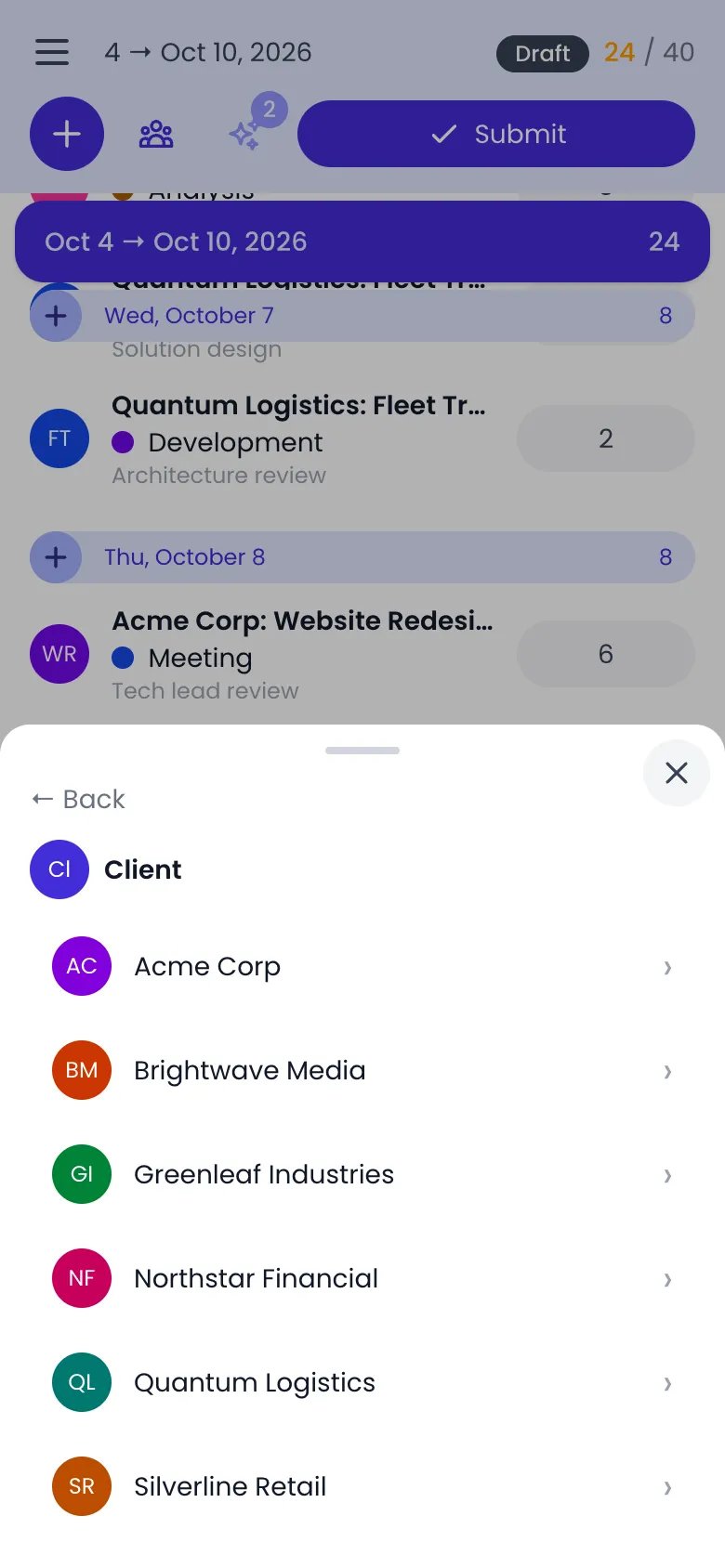 Beebole activity selector bottom sheet on a phone showing the Client category with Back above it and the clients in alphabetical order, Acme Corp, Brightwave Media, Greenleaf Industries, Northstar Financial, Quantum Logistics and Silverline Retail, each with an arrow