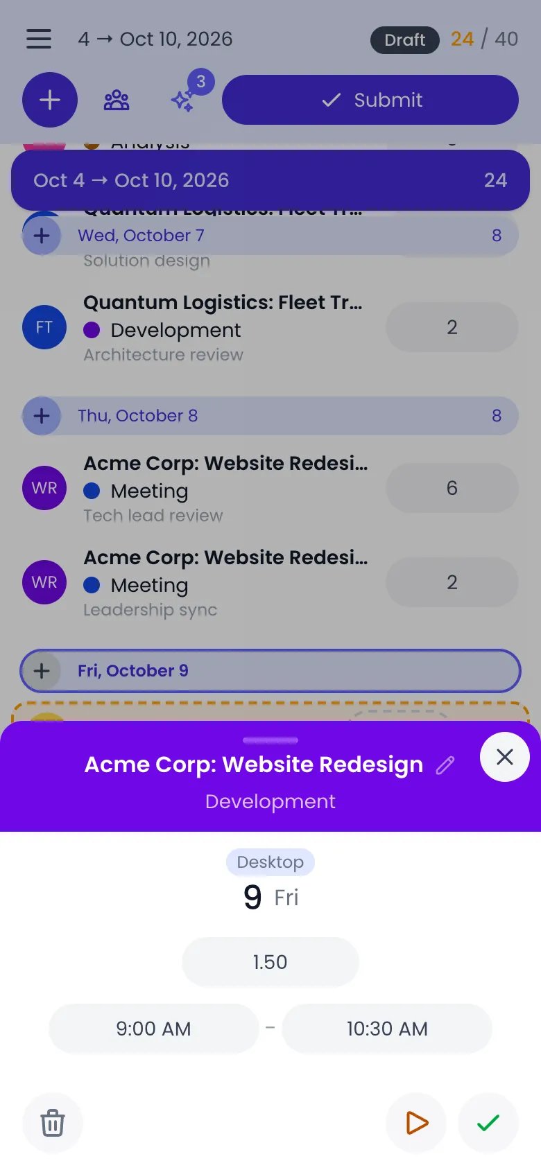 Beebole suggestion sheet on a phone for Acme Corp: Website Redesign, Development, with a Desktop badge, Friday the 9th, a duration of 1.50 from 9:00 AM to 10:30 AM, the bin at the bottom left and the play and check buttons at the bottom right