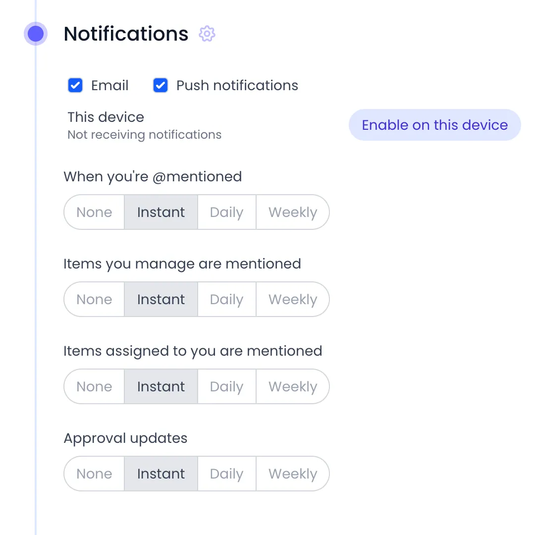Beebole Notifications panel on your own profile with the Email and Push notifications checkboxes ticked, the device list below them, and a None, Instant, Daily or Weekly choice for each event: when you're @mentioned, items you manage are mentioned, items assigned to you are mentioned, and approval updates