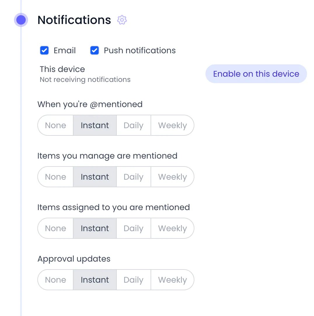 Beebole Notifications panel on your own profile with the Email and Push notifications checkboxes ticked, the device list below them, and a None, Instant, Daily or Weekly choice for each event: when you're @mentioned, items you manage are mentioned, items assigned to you are mentioned, and approval updates