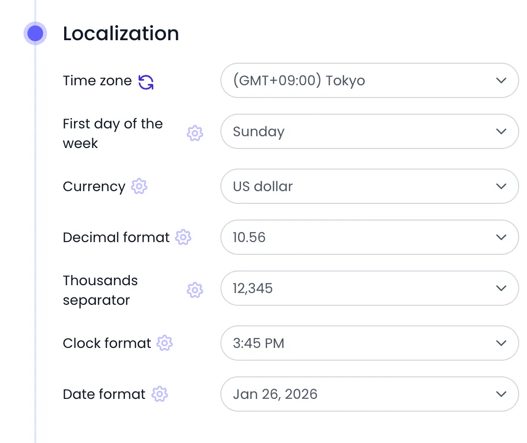 Beebole Localization panel of Yuki Tanaka with the Time zone set to (GMT+09:00) Tokyo and a reset button next to it, while First day of the week, Currency, Decimal format, Thousands separator, Clock format and Date format show the gear of inherited values