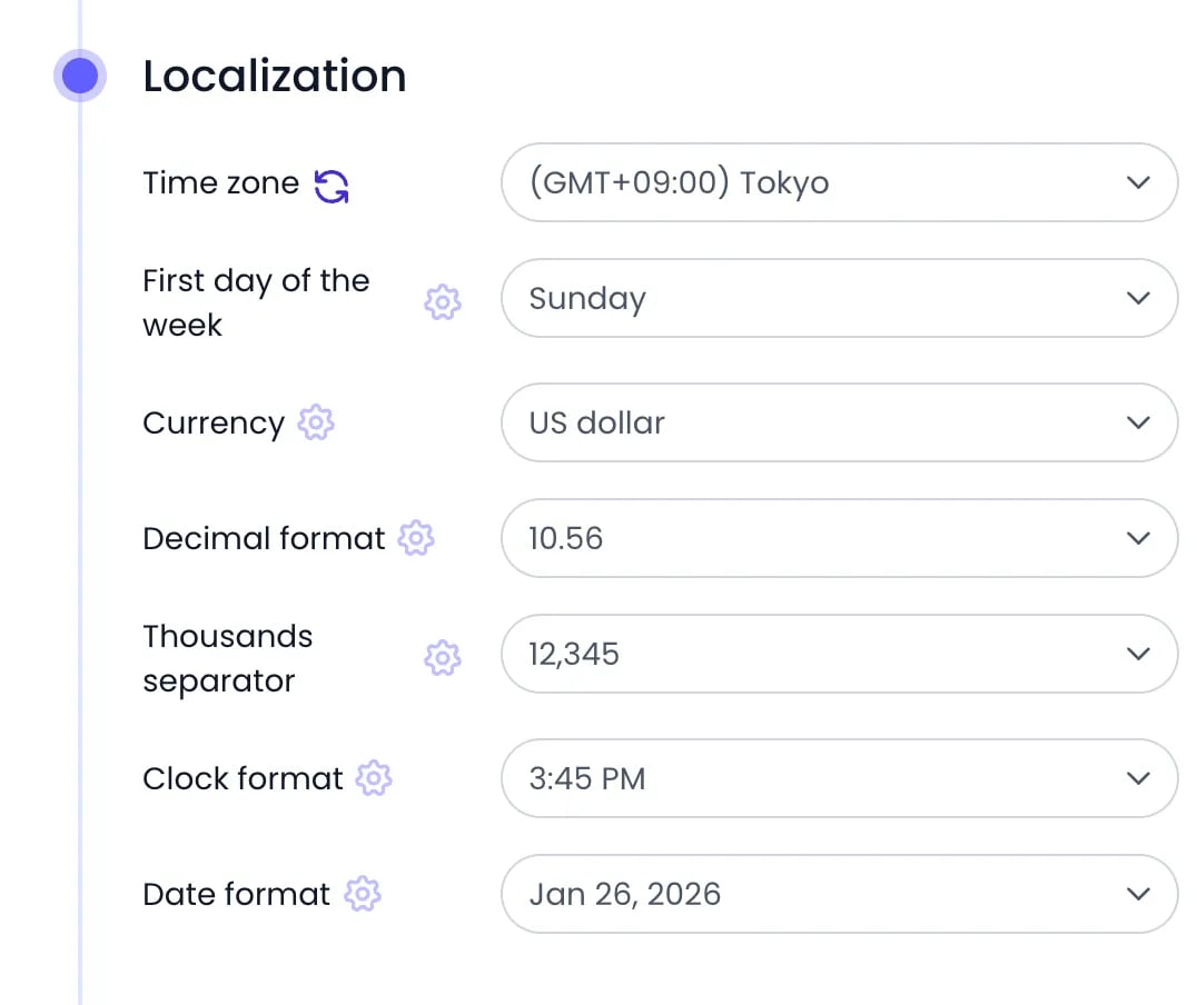 Beebole Localization panel of Yuki Tanaka with the Time zone set to (GMT+09:00) Tokyo and a reset button next to it, while First day of the week, Currency, Decimal format, Thousands separator, Clock format and Date format show the gear of inherited values