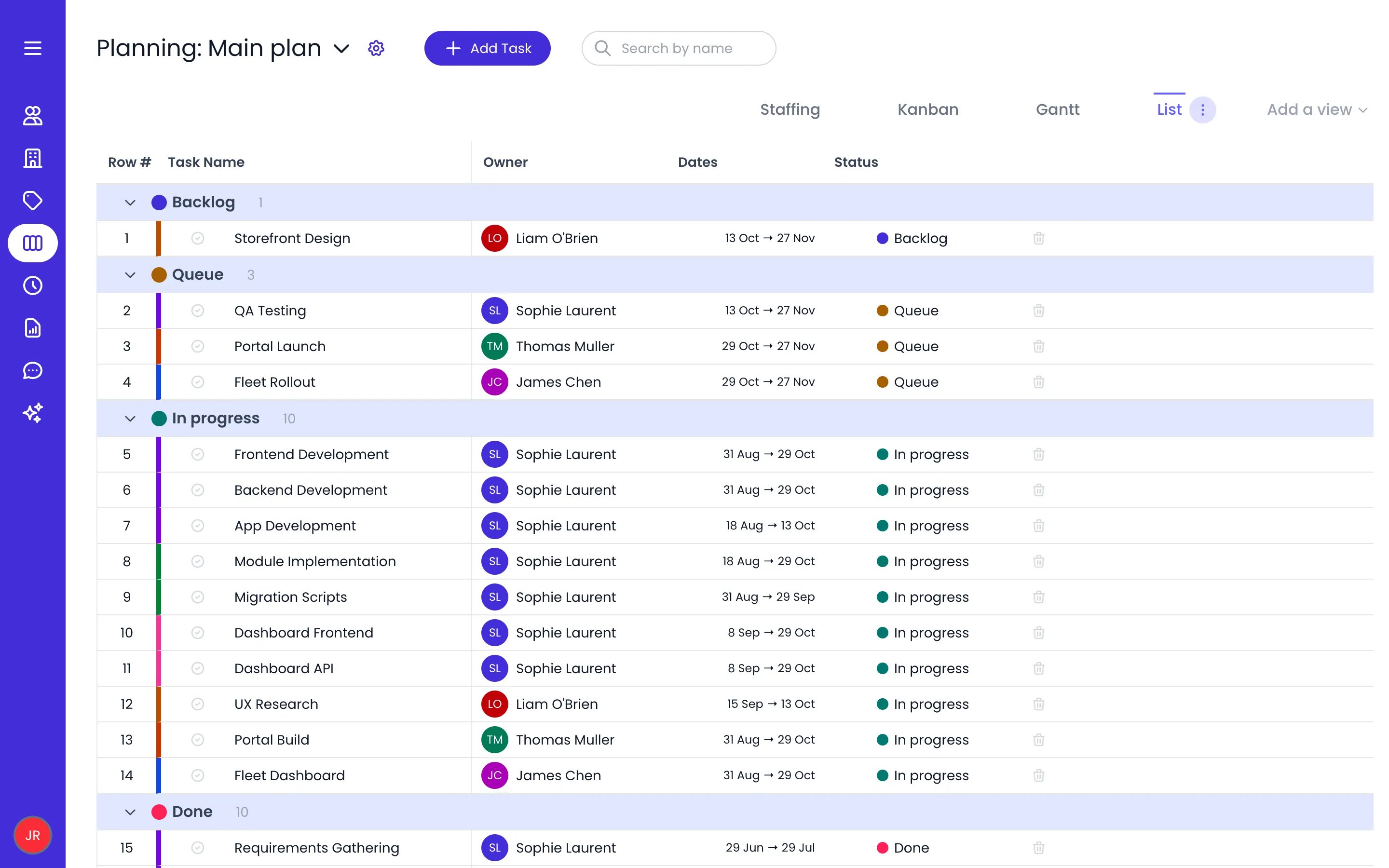 Beebole List view of the Main plan grouped by Status, with the Backlog (1), Queue (3), In progress (10) and Done (10) group headers, each followed by its tasks with their Owner, Dates and Status columns and the Done and Delete buttons at the end of each row