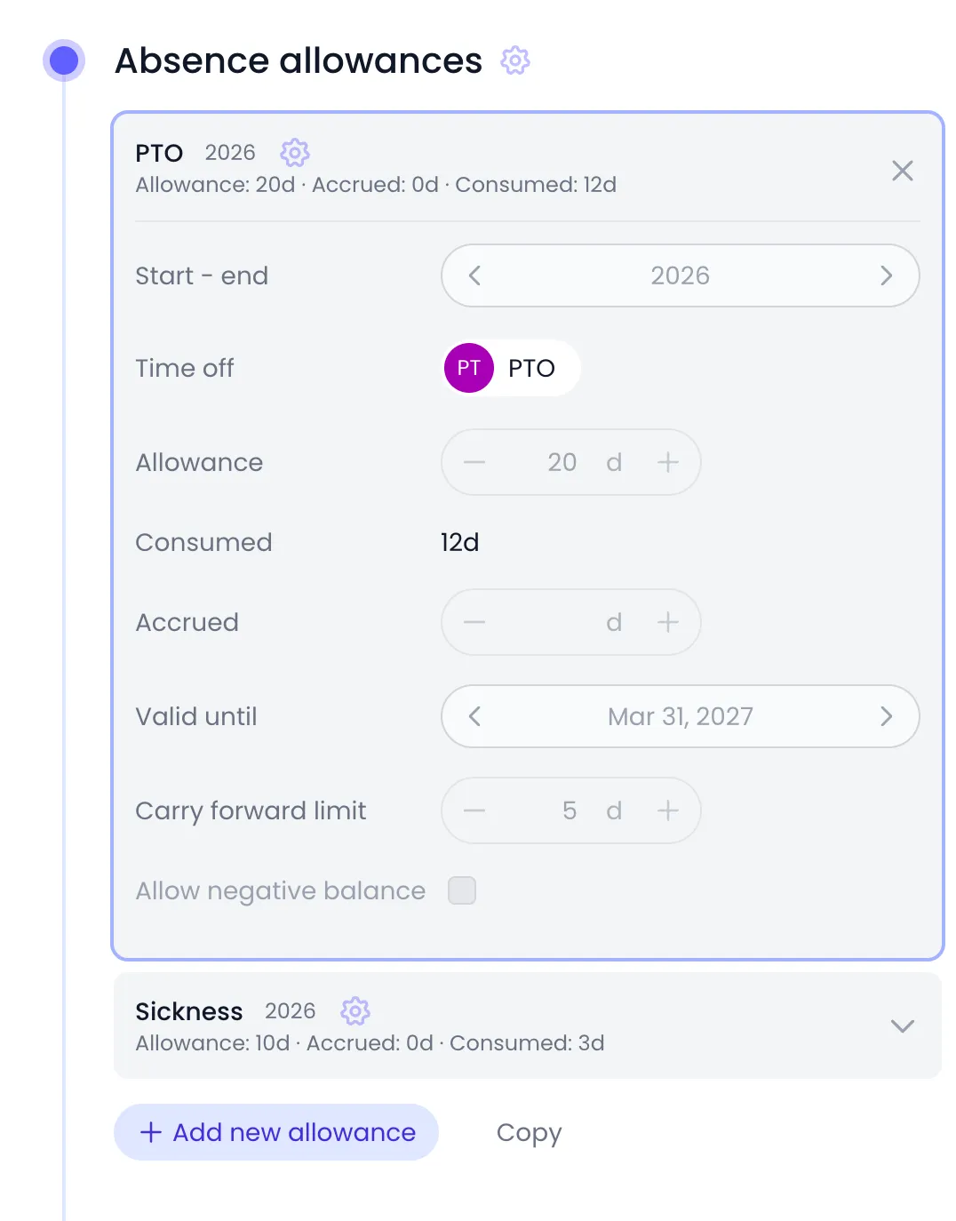 Beebole Absence allowances panel of Elena Rossi with the PTO 2026 card open: summary line Allowance 20d, Accrued 0d, Consumed 12d, then Start - end 2026, Time off PTO, Allowance 20 d, Consumed 12d, Accrued, Valid until Mar 31, 2027, Carry forward limit 5 d and Allow negative balance, followed by a collapsed Sickness card and the Add new allowance button