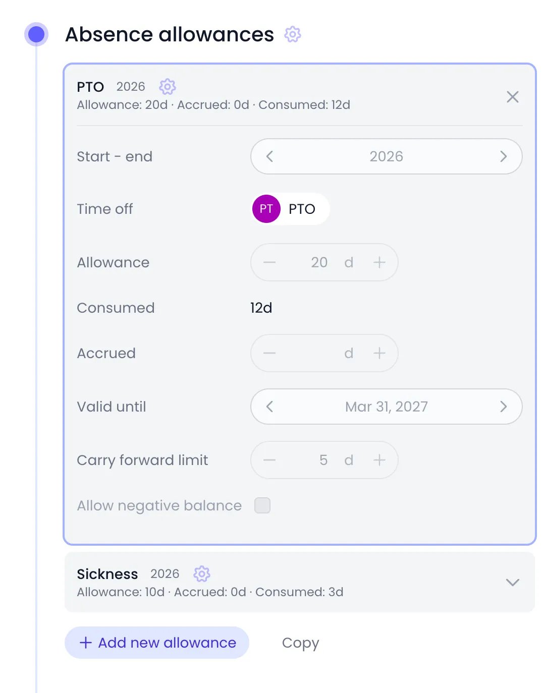 Beebole Absence allowances panel of Elena Rossi with the PTO 2026 card open: summary line Allowance 20d, Accrued 0d, Consumed 12d, then Start - end 2026, Time off PTO, Allowance 20 d, Consumed 12d, Accrued, Valid until Mar 31, 2027, Carry forward limit 5 d and Allow negative balance, followed by a collapsed Sickness card and the Add new allowance button