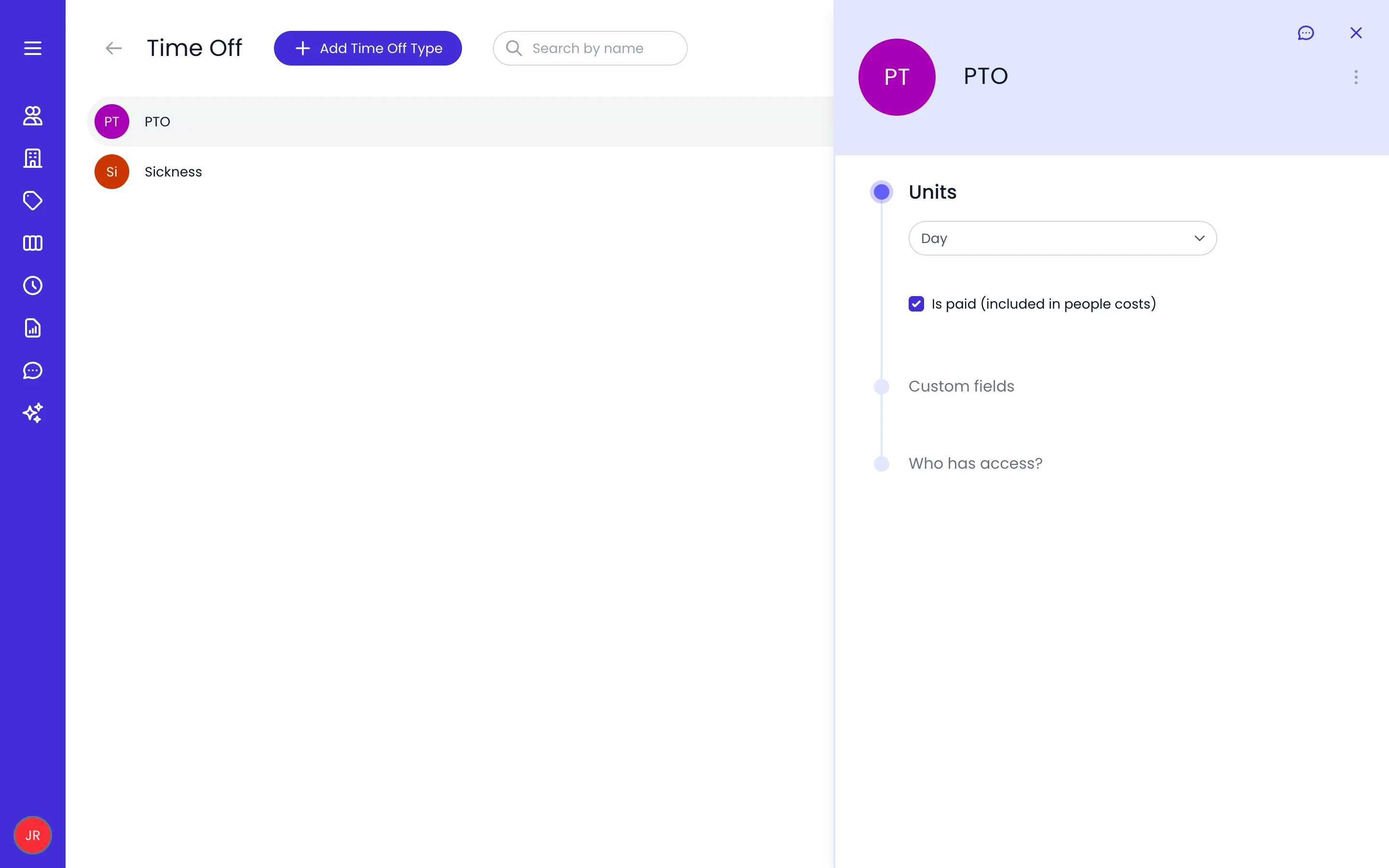 Beebole Settings Time Off list with the Add Time Off Type button and the PTO and Sickness absence types, and the PTO panel open on the right showing Units set to Day and Is paid (included in people costs) checked