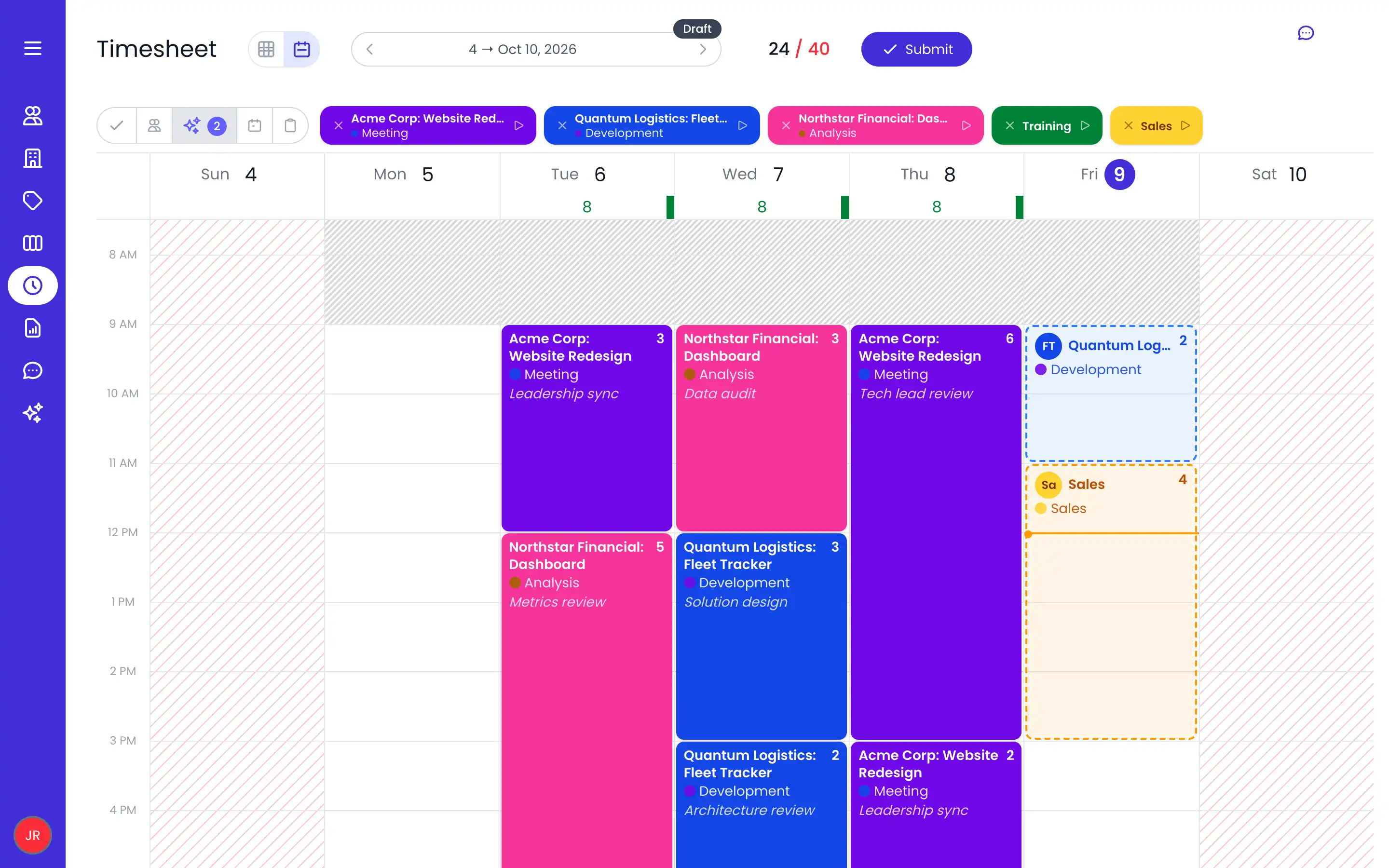 Beebole timesheet calendar view of the week of October 4 to 10, 2026: Tuesday to Thursday filled with colored entries, and today, Friday, with two dashed ghost entries, Quantum Logistics: Fleet Tracker, Development for 2 hours and Sales for 4 hours, the Suggested entries button on in the button cluster