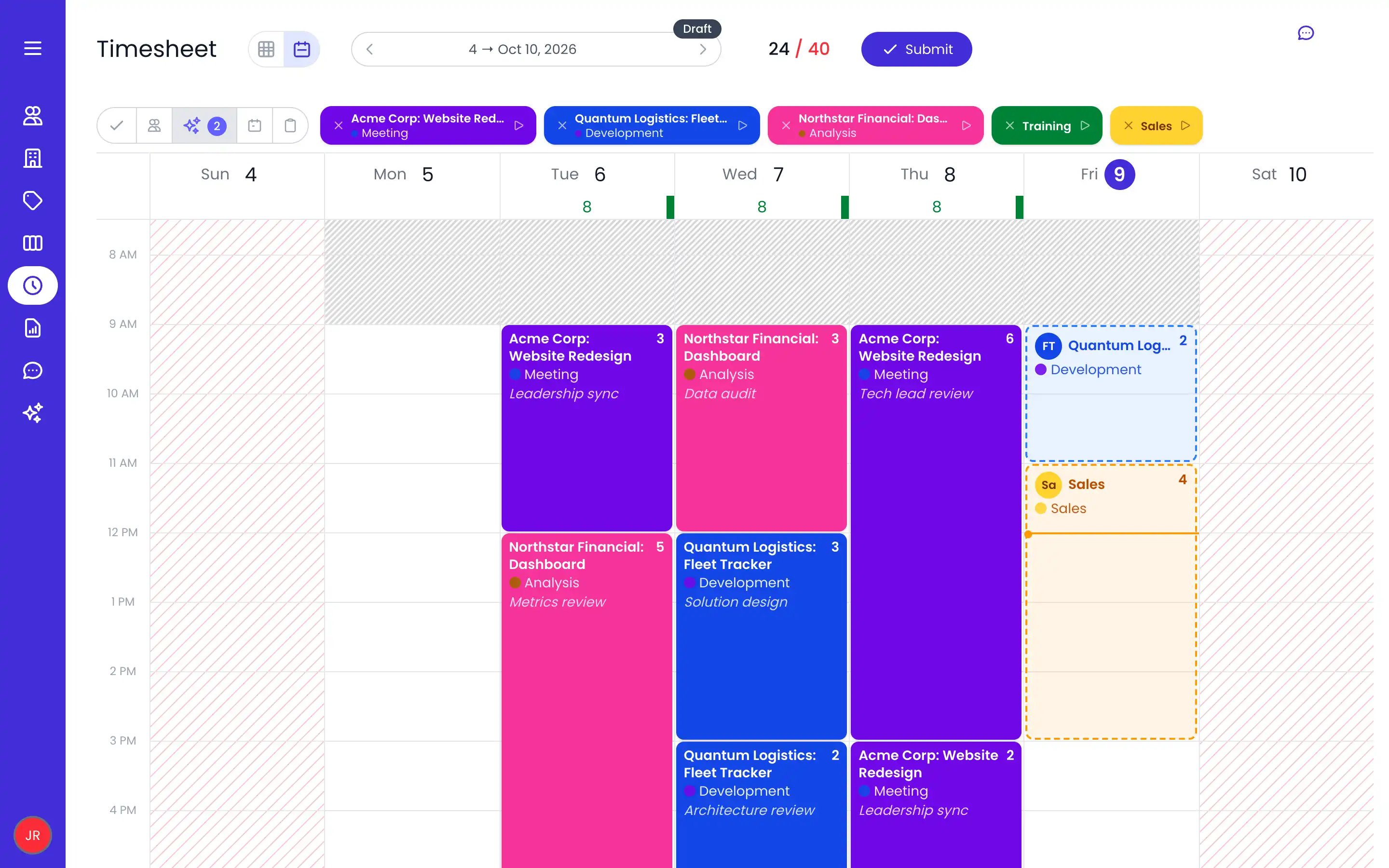 Beebole timesheet calendar view of the week of October 4 to 10, 2026: Tuesday to Thursday filled with colored entries, and today, Friday, with two dashed ghost entries, Quantum Logistics: Fleet Tracker, Development for 2 hours and Sales for 4 hours, the Suggested entries button on in the button cluster