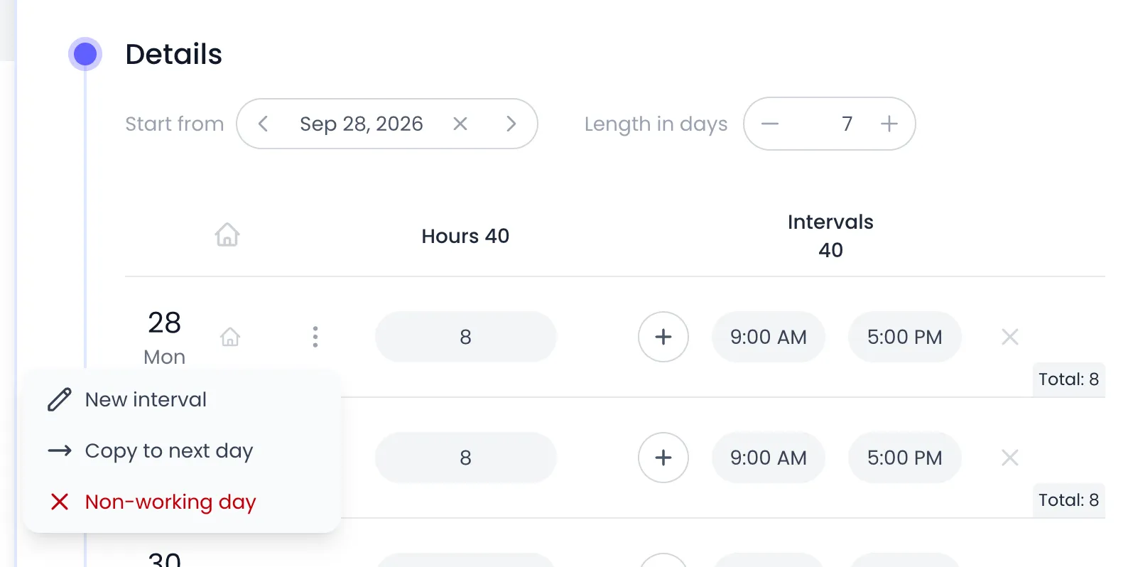 Beebole Details panel of the Full Time work schedule with the ⋯ menu of Monday the 28th open, listing New interval, Copy to next day and Non-working day, over the Monday and Tuesday rows of 8 hours from 9:00 AM to 5:00 PM