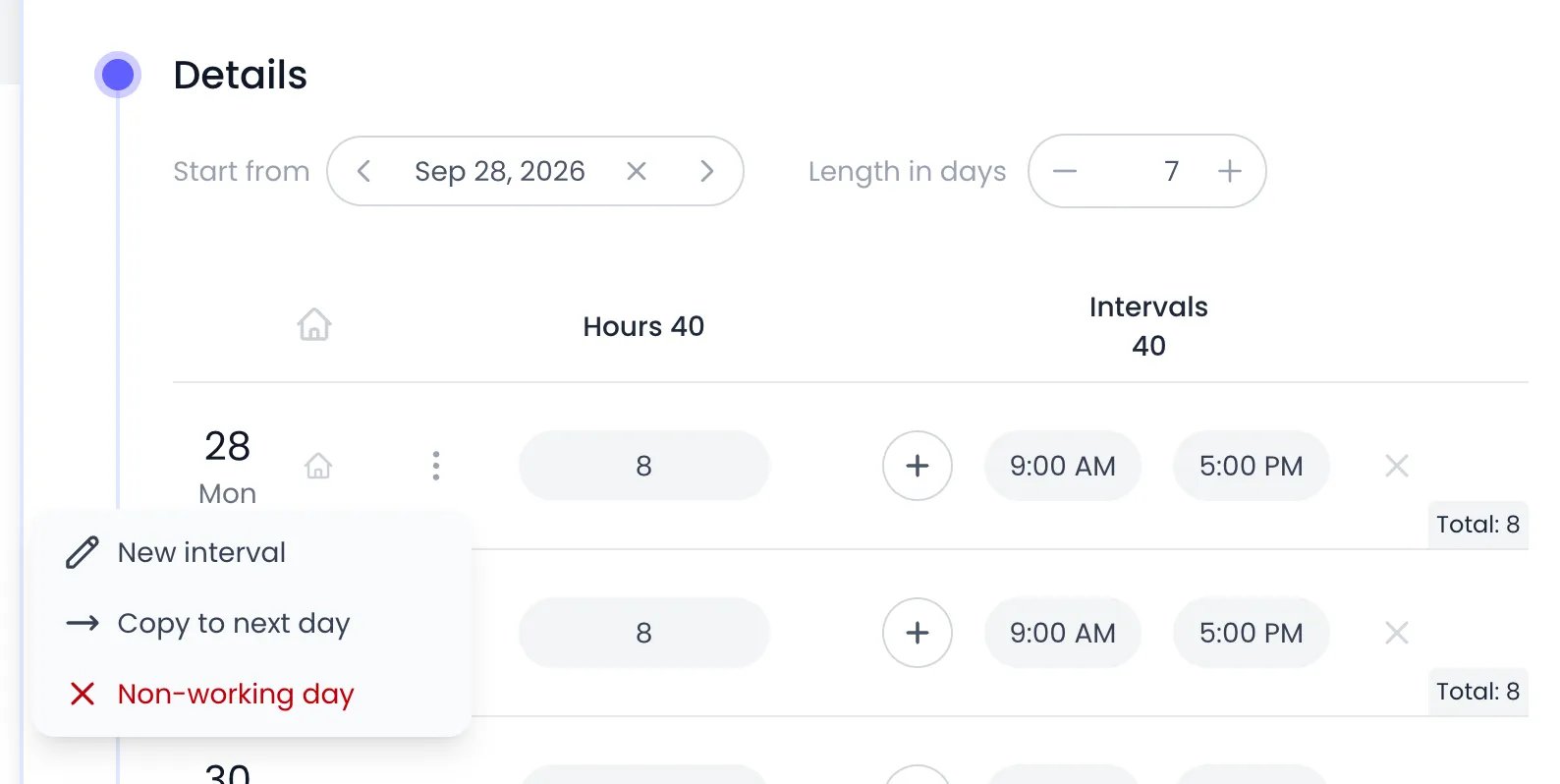 Beebole Details panel of the Full Time work schedule with the ⋯ menu of Monday the 28th open, listing New interval, Copy to next day and Non-working day, over the Monday and Tuesday rows of 8 hours from 9:00 AM to 5:00 PM
