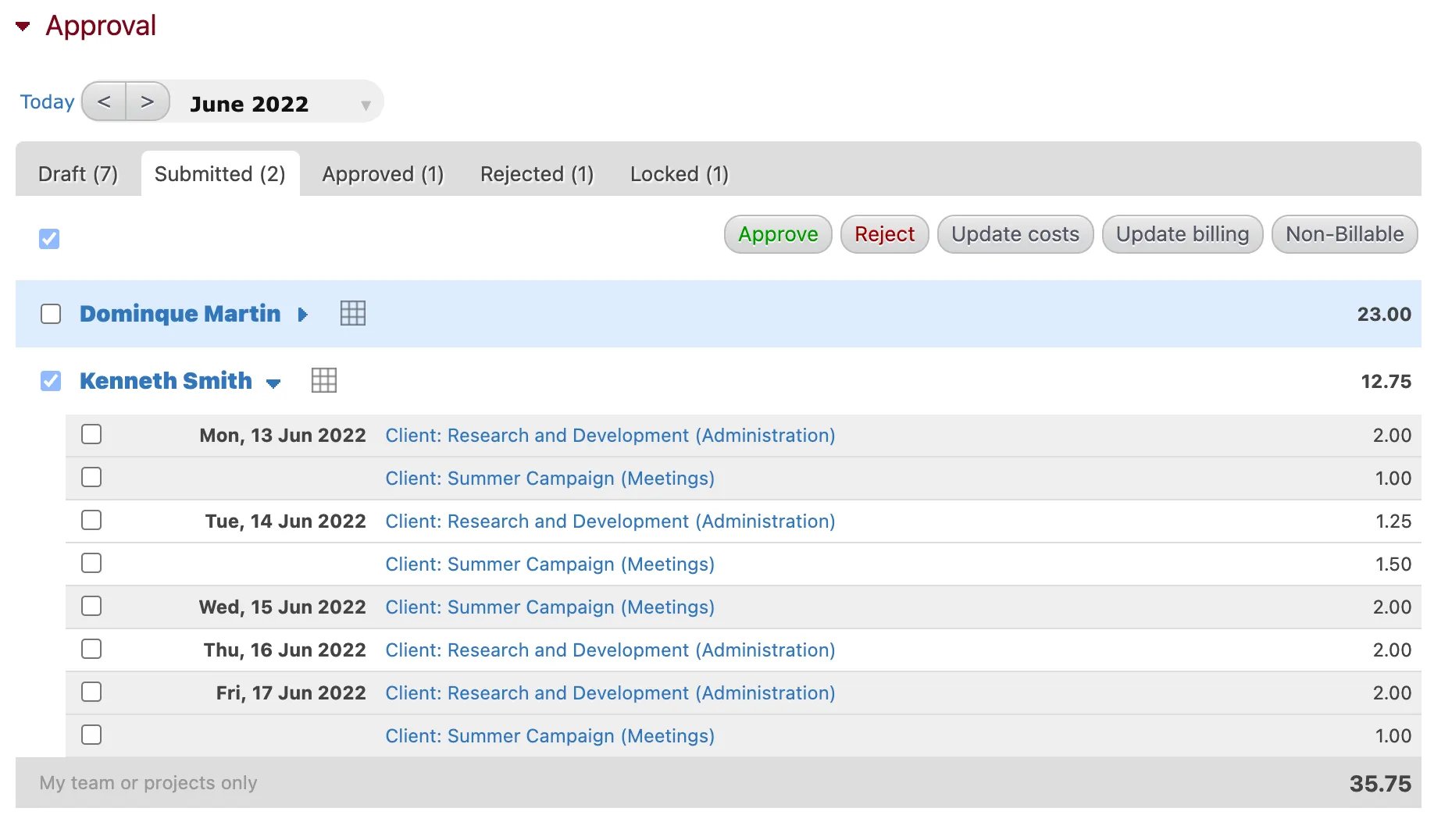 Detailed submitted timesheet