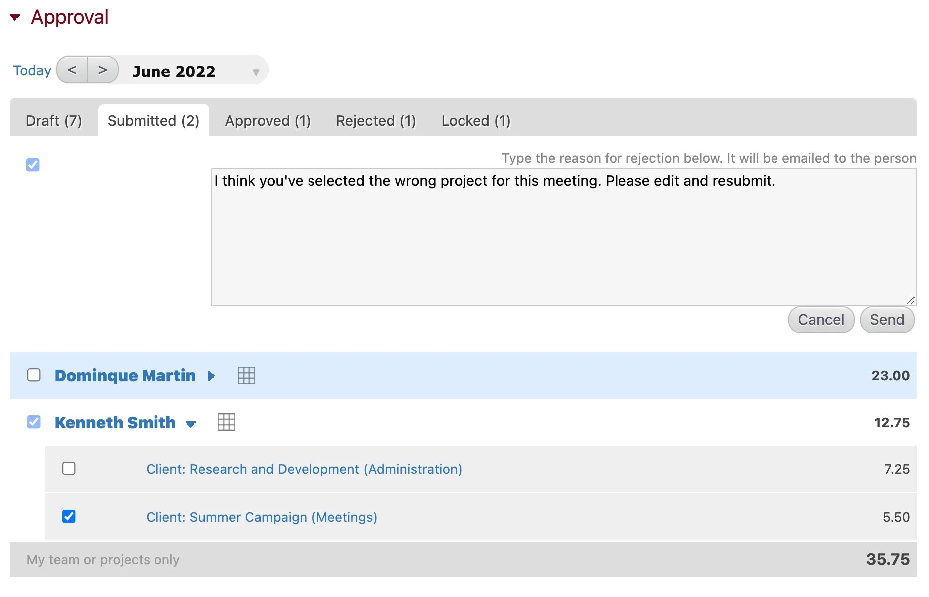 Reject employee timesheets