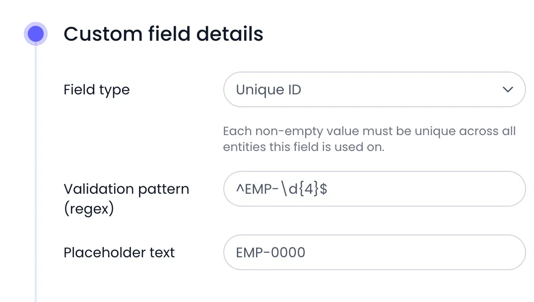 Beebole Custom field details panel with the Field type set to Unique ID, the note that each non-empty value must be unique, the Validation pattern (regex) ^EMP-\d{4}$ and the Placeholder text EMP-0000