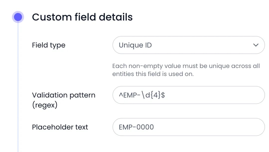 Beebole Custom field details panel with the Field type set to Unique ID, the note that each non-empty value must be unique, the Validation pattern (regex) ^EMP-\d{4}$ and the Placeholder text EMP-0000