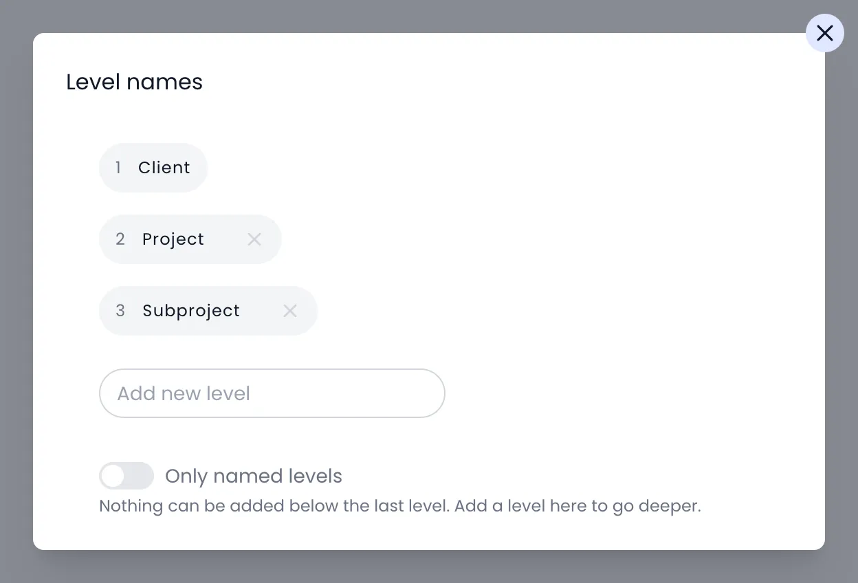 Beebole Level names dialog for the Client category, listing 1 Client, 2 Project and 3 Subproject, an Add new level field, and the Only named levels toggle