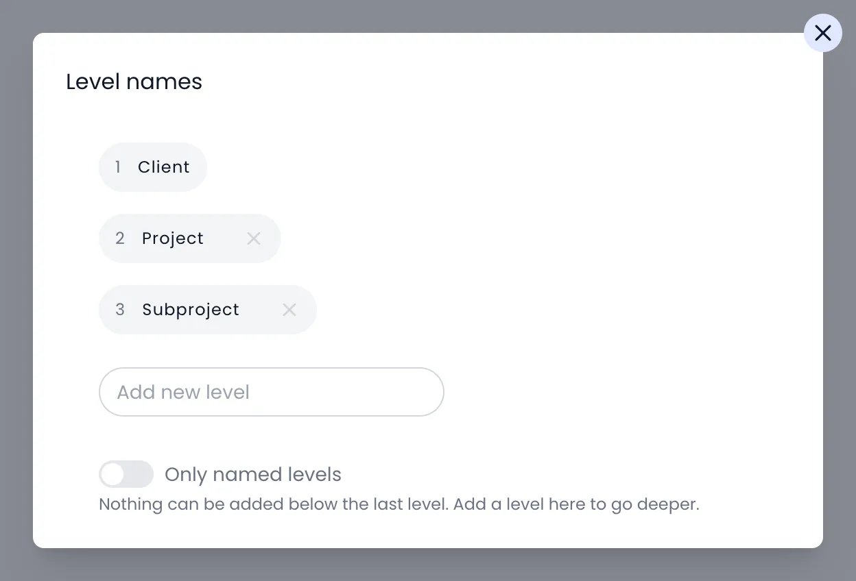 Beebole Level names dialog for the Client category, listing 1 Client, 2 Project and 3 Subproject, an Add new level field, and the Only named levels toggle