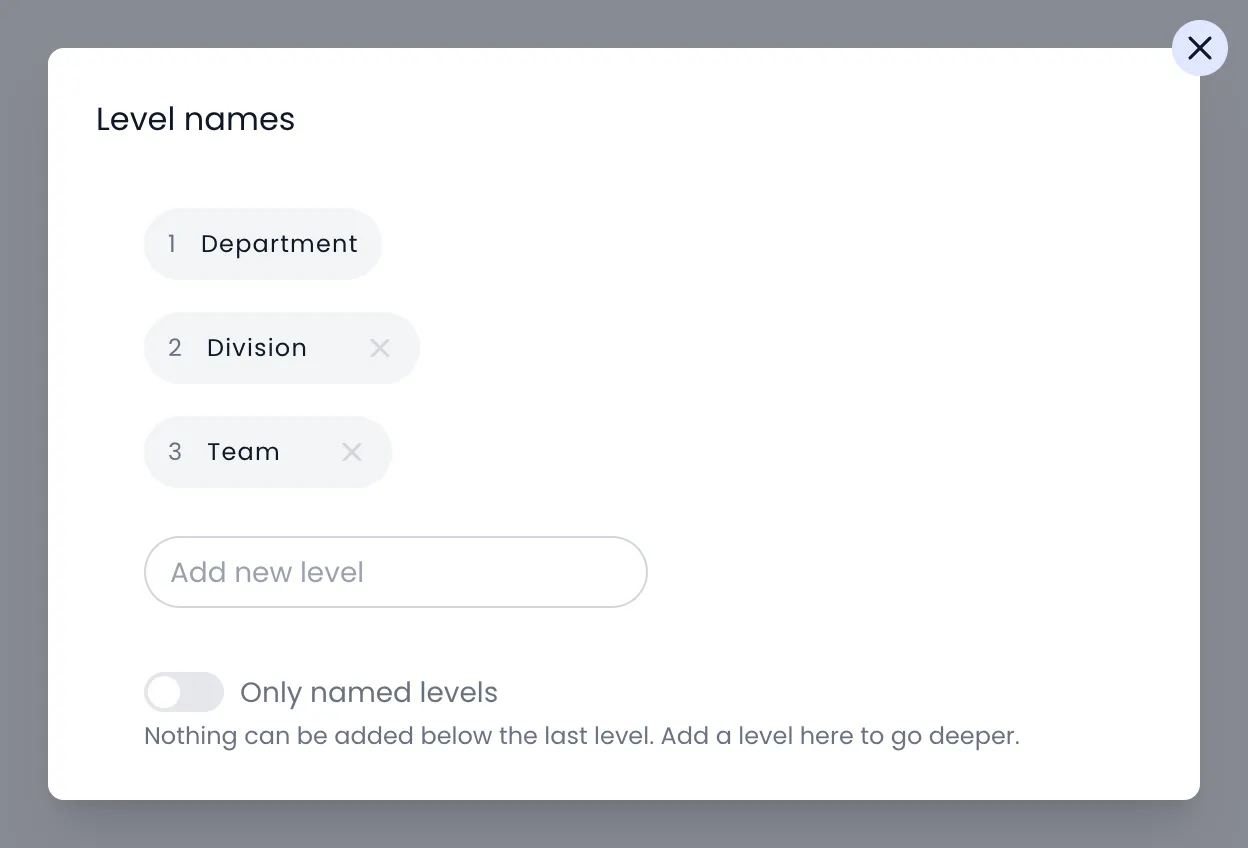 Beebole Level names dialog listing Department, Division, and Team, with the Add new level field and the Only named levels toggle