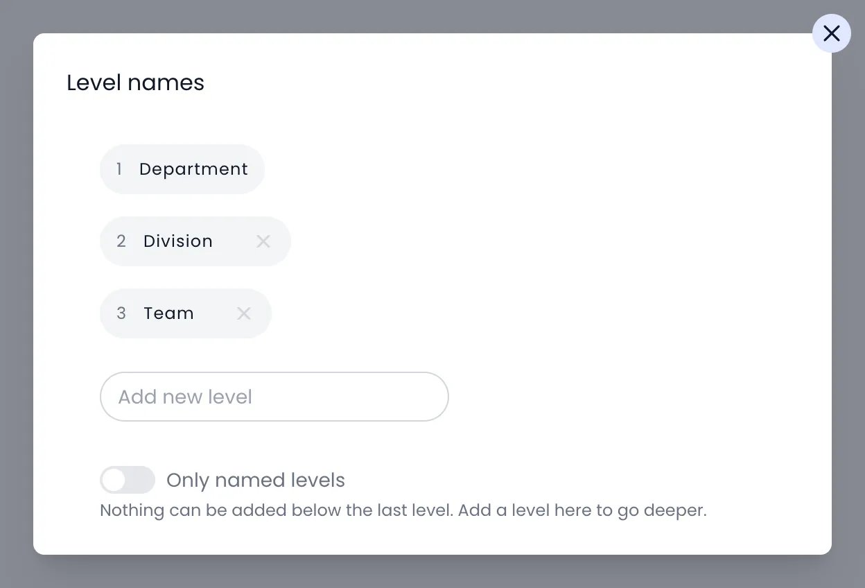 Beebole Level names dialog listing Department, Division, and Team, with the Add new level field and the Only named levels toggle