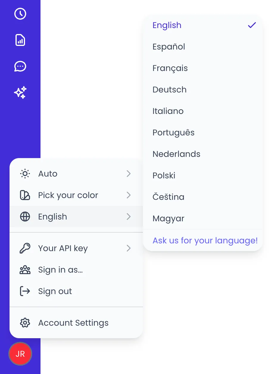 Beebole user menu open above the JR initials at the bottom of the sidebar with English hovered, and the language submenu beside it listing English (checked), Español, Français, Deutsch, Italiano, Português, Nederlands, Polski, Čeština and Magyar, then Ask us for your language!