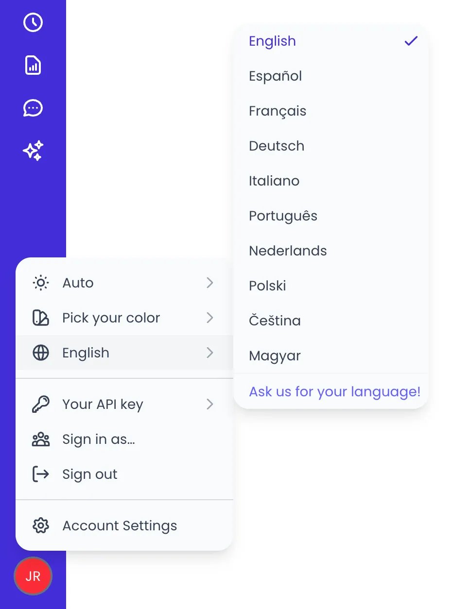 Beebole user menu open above the JR initials at the bottom of the sidebar with English hovered, and the language submenu beside it listing English (checked), Español, Français, Deutsch, Italiano, Português, Nederlands, Polski, Čeština and Magyar, then Ask us for your language!