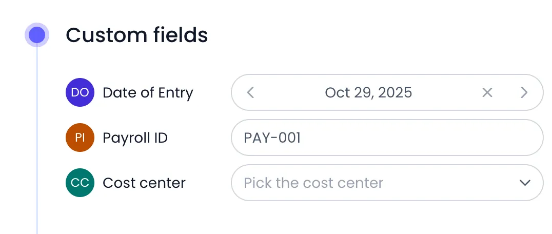 Beebole Custom fields panel of Sophie Laurent with Date of Entry set to Oct 29, 2025, Payroll ID set to PAY-001, and the Cost center pick list still empty, showing Pick the cost center