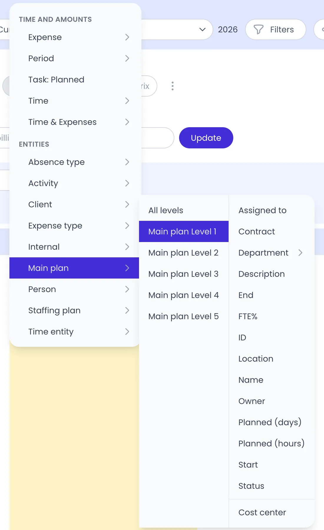 Beebole report column menu with Main plan clicked under Entities, its levels panel listing All levels and Main plan Level 1 to Level 5 with Level 1 selected, and the field list of that level: Assigned to, Contract, Department, Description, End, FTE%, ID, Location, Name, Owner, Planned (days), Planned (hours), Start and Status, then the Cost center custom field