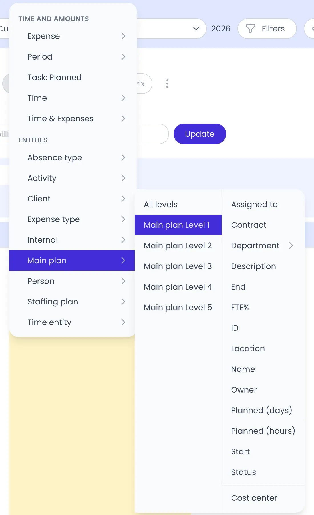 Beebole report column menu with Main plan clicked under Entities, its levels panel listing All levels and Main plan Level 1 to Level 5 with Level 1 selected, and the field list of that level: Assigned to, Contract, Department, Description, End, FTE%, ID, Location, Name, Owner, Planned (days), Planned (hours), Start and Status, then the Cost center custom field