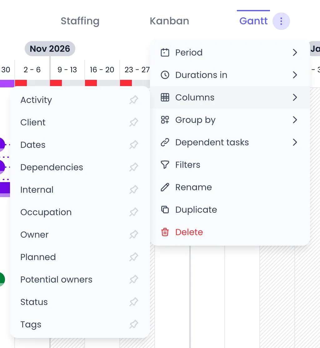Beebole Gantt view tab menu with Columns hovered and its submenu listing Activity, Client, Dates, Dependencies, Internal, Occupation, Owner, Planned, Potential owners, Status and Tags, each with a pin icon, none of them shown yet