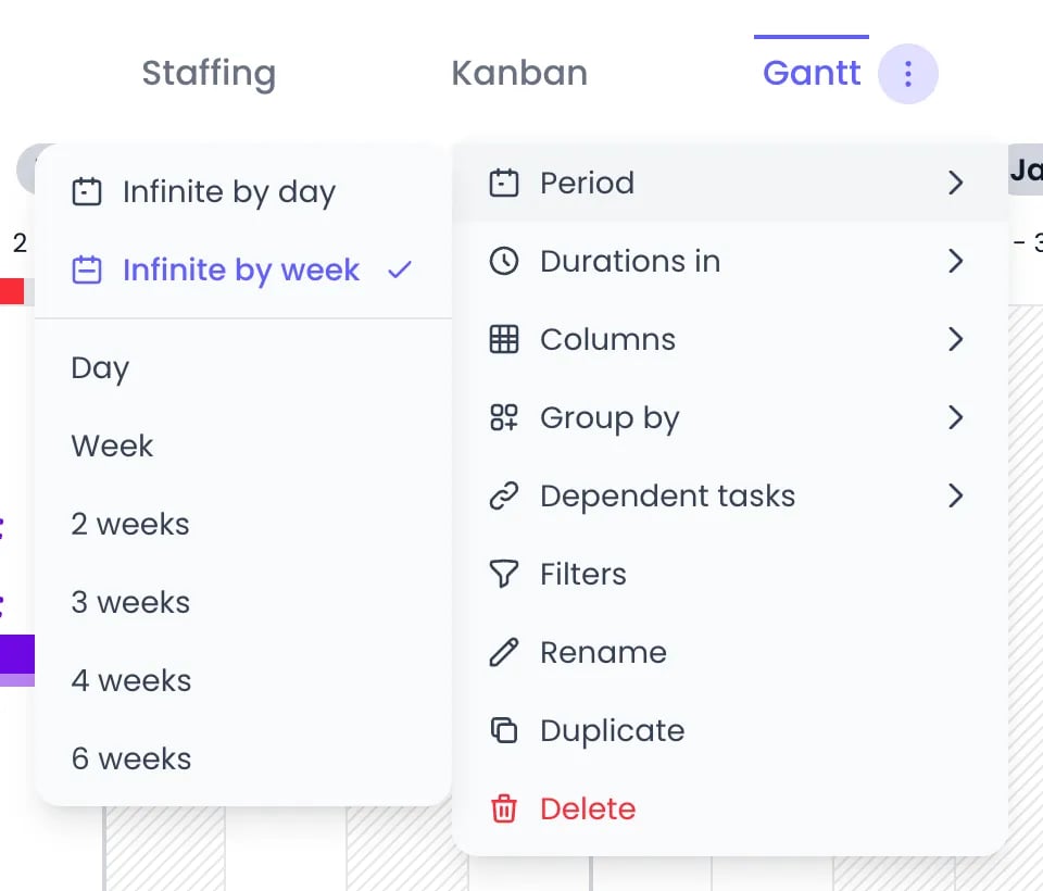 Beebole Gantt view tab menu with Period, Durations in, Columns, Group by, Dependent tasks, Filters, Rename, Duplicate and Delete, and the Period submenu listing Infinite by day, Infinite by week (checked), Day, Week, 2 weeks, 3 weeks, 4 weeks and 6 weeks