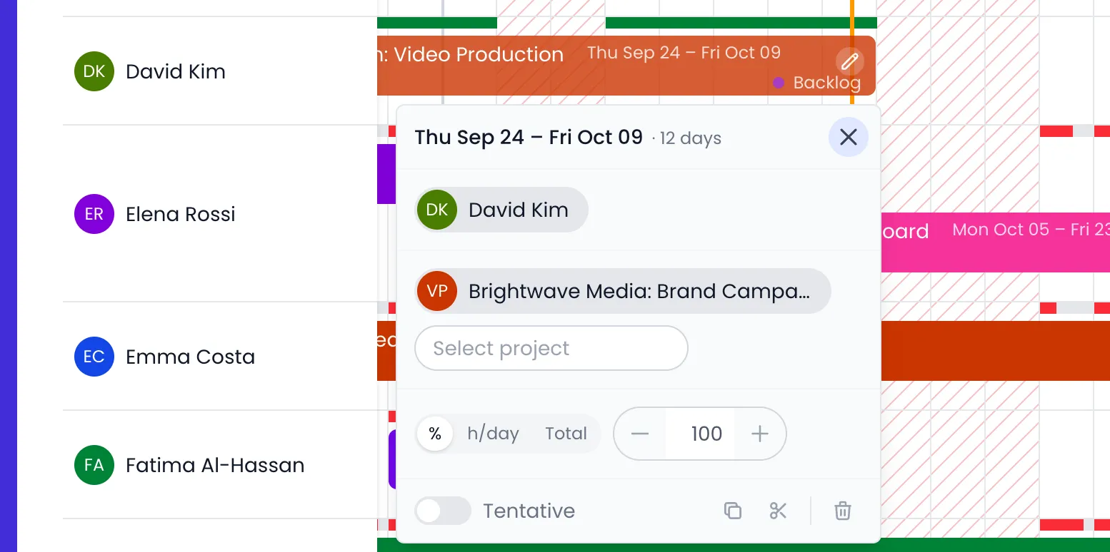 Beebole booking editor opened below a booking bar, in stacked sections: the date range and number of working days, the person David Kim, the Brightwave Media: Brand Campaign project badge with a Select project field under it, the allocation switch set to percent with 100 in a minus and plus stepper, and a last row with the Tentative toggle and the duplicate, split and delete buttons