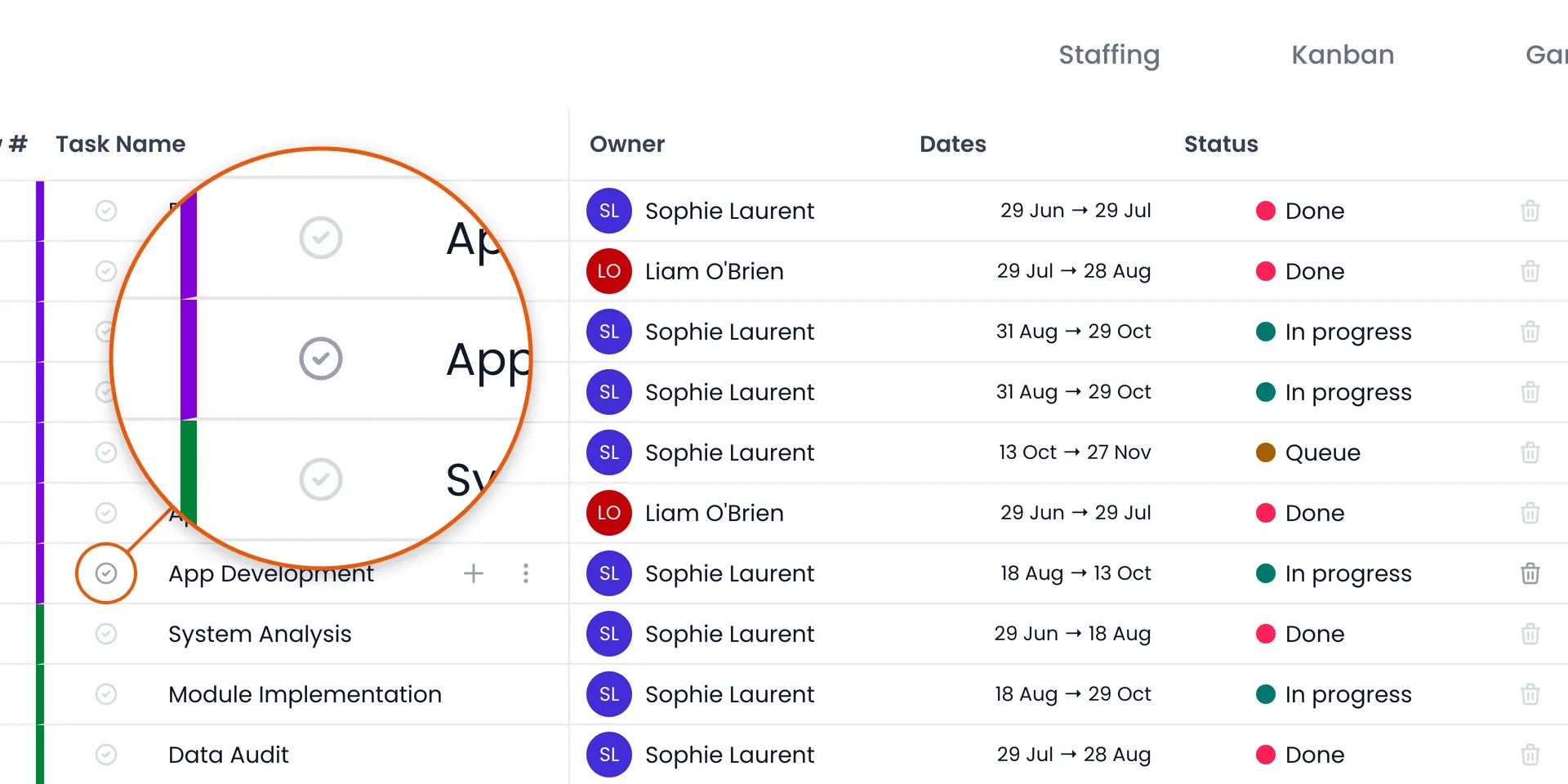 Beebole List view of the Main plan with the App Development row, In progress, under the mouse: its Done button (a ticked circle) before the task name and its Delete button (a bin) at the end of the row, brighter than on the other rows