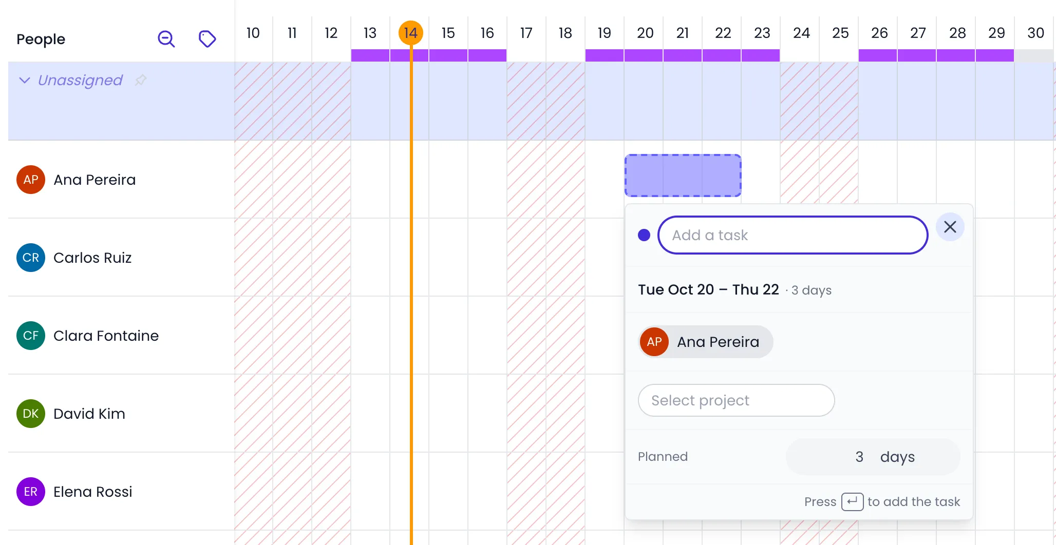 Beebole Staffing view of the Main plan, a Tasks planning, with a dashed bar drawn from Tuesday October 20 to Thursday October 22 in Ana Pereira's row and the editor opened under it: the Add a task name field with its close button, the dates with 3 days, the owner Ana Pereira, the Select project field, Planned 3 days, and the hint Press ↵ to add the task