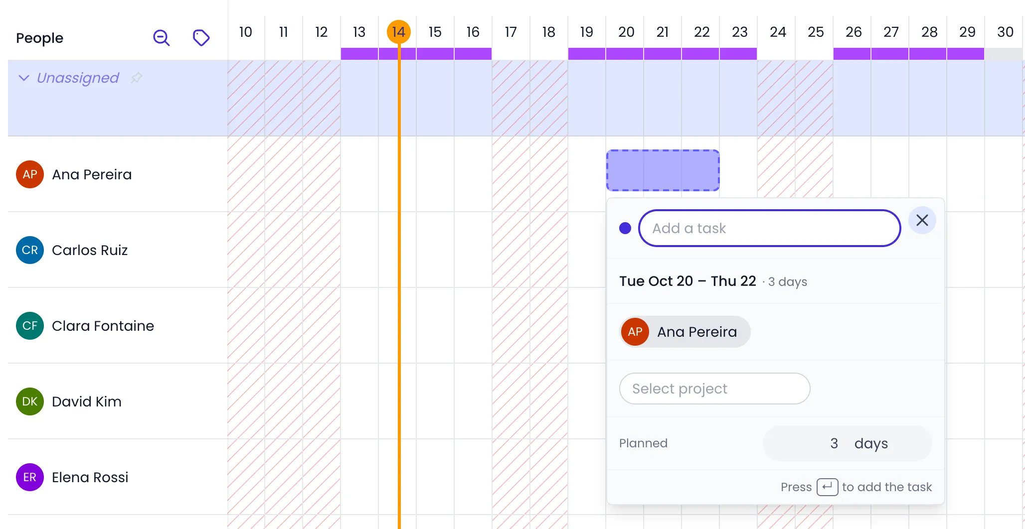 Beebole Staffing view of the Main plan, a Tasks planning, with a dashed bar drawn from Tuesday October 20 to Thursday October 22 in Ana Pereira's row and the editor opened under it: the Add a task name field with its close button, the dates with 3 days, the owner Ana Pereira, the Select project field, Planned 3 days, and the hint Press ↵ to add the task