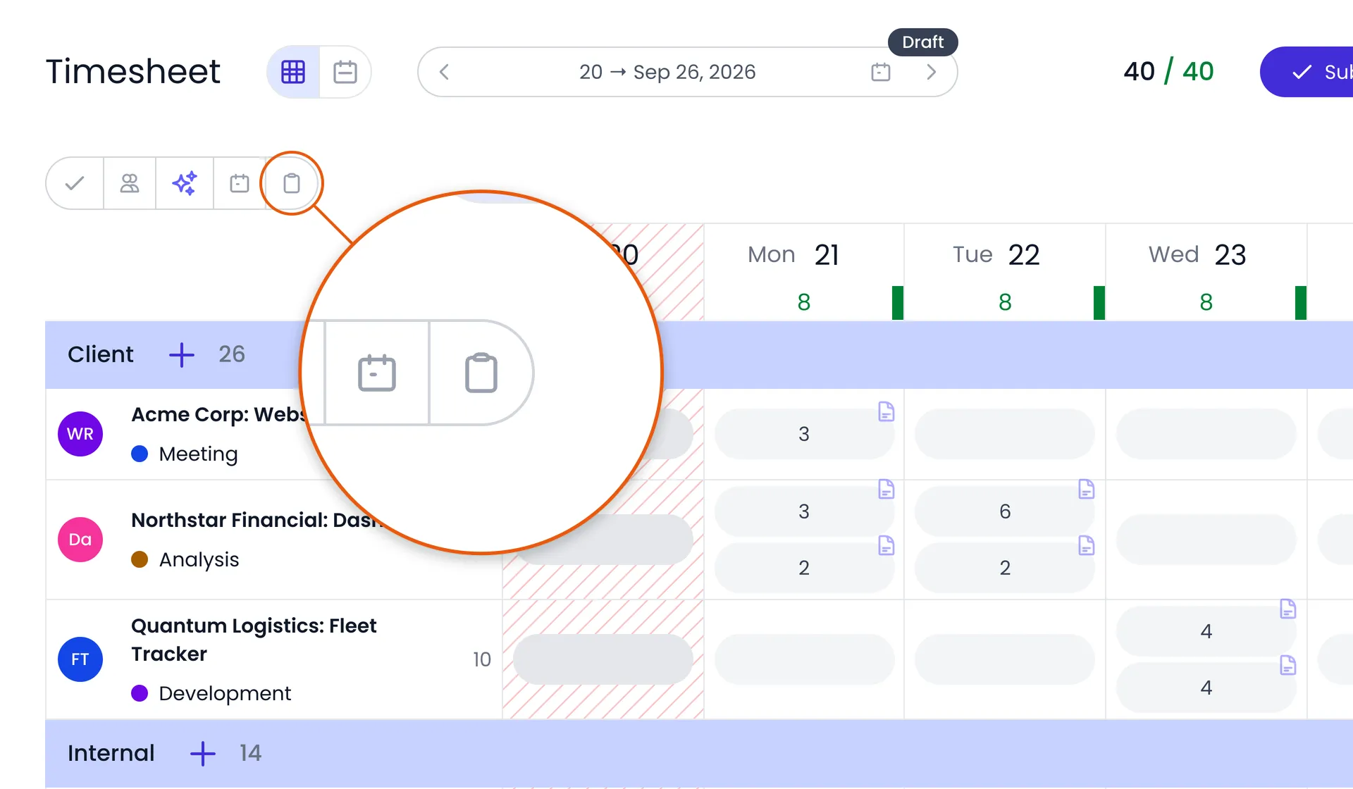 Beebole timesheet with a magnified view of the copy button in the top-left button cluster