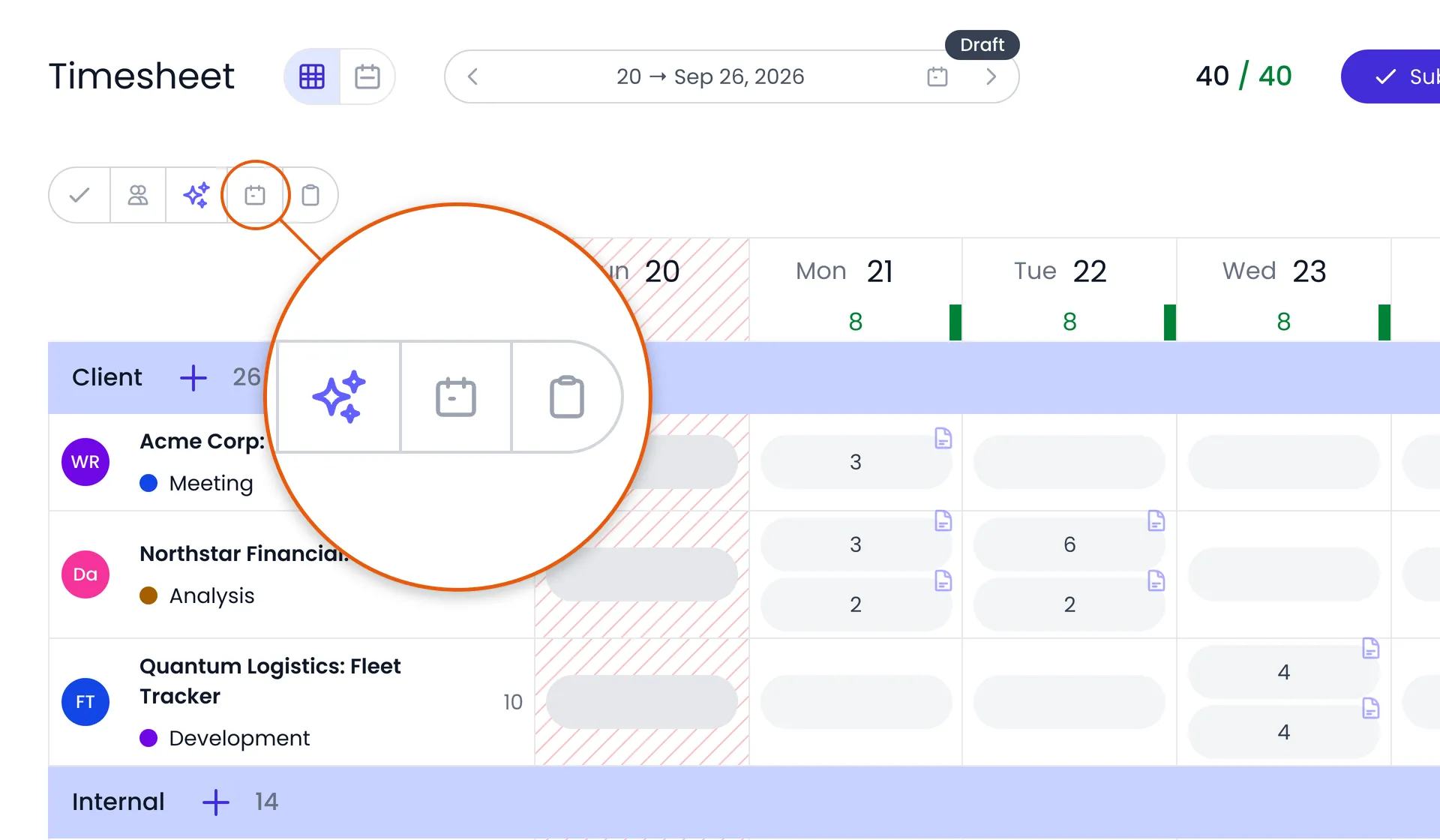 Beebole timesheet with a magnified view of the Import your calendar events button in the top-left button cluster