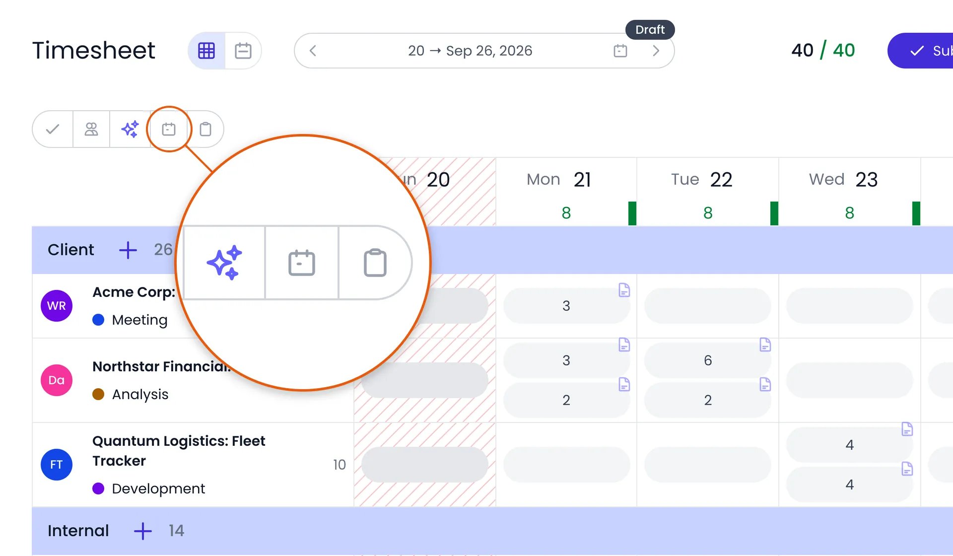 Beebole timesheet with a magnified view of the Import your calendar events button in the top-left button cluster