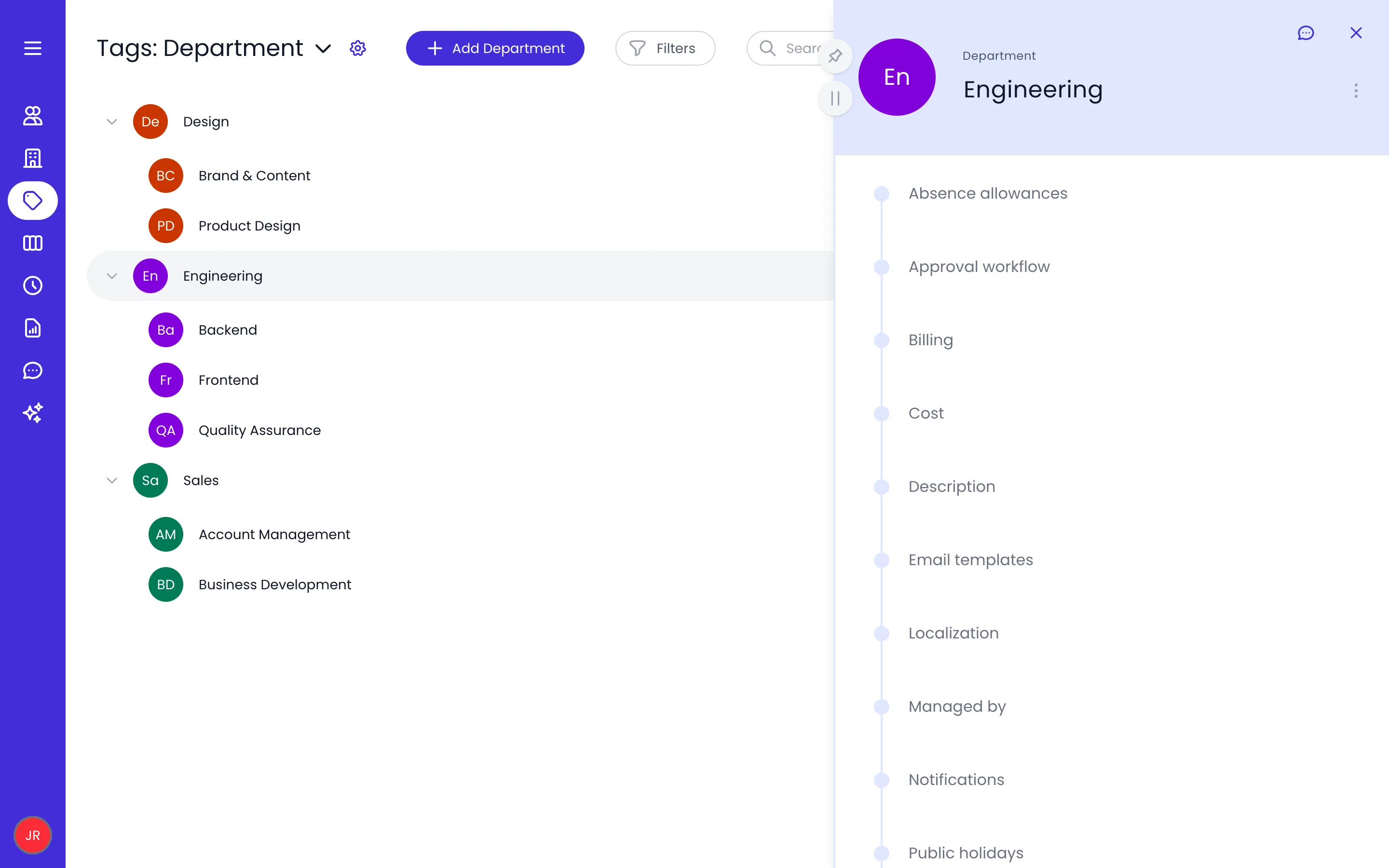 Beebole Tags page showing the Department category with Design, Engineering, and Sales divisions expanded into teams, and the Engineering tag detail panel open