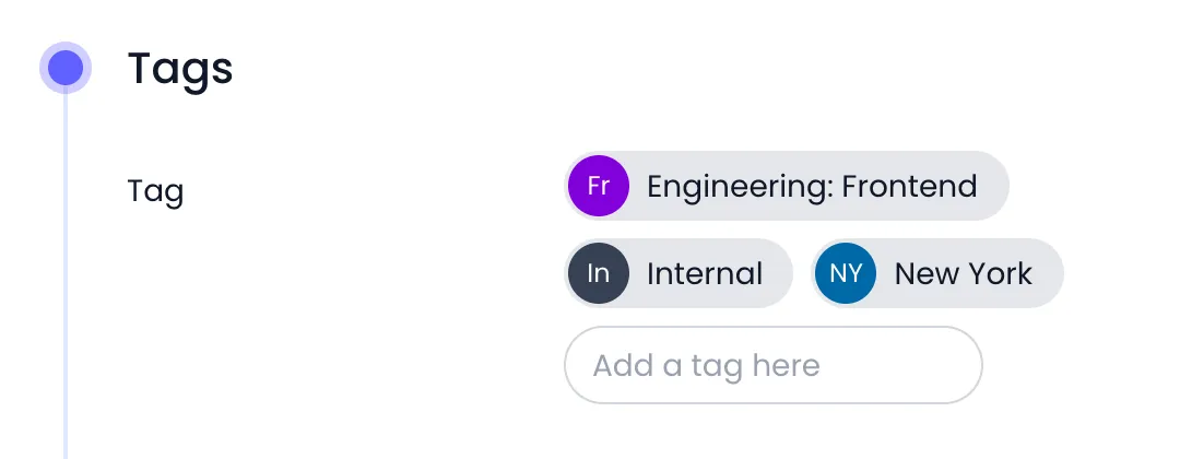 Beebole person Tags panel showing the Engineering: Frontend, Internal, and New York tags and the Add a tag here field