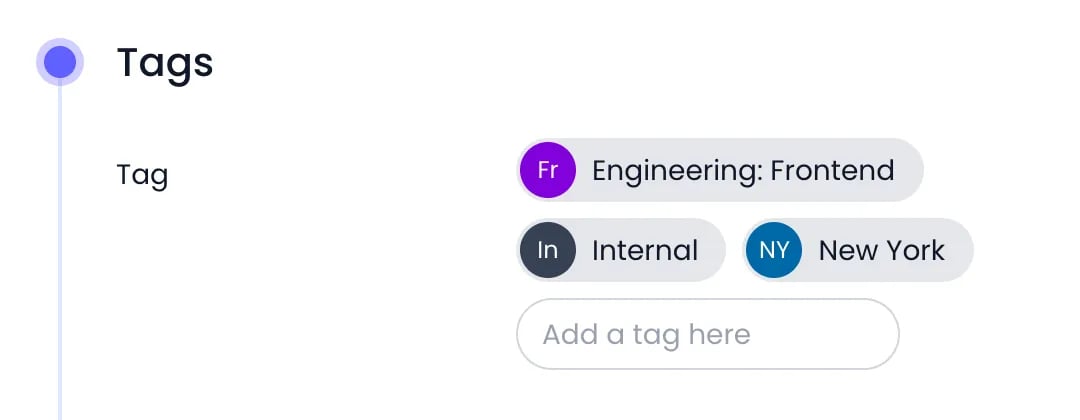 Beebole person Tags panel showing the Engineering: Frontend, Internal, and New York tags and the Add a tag here field