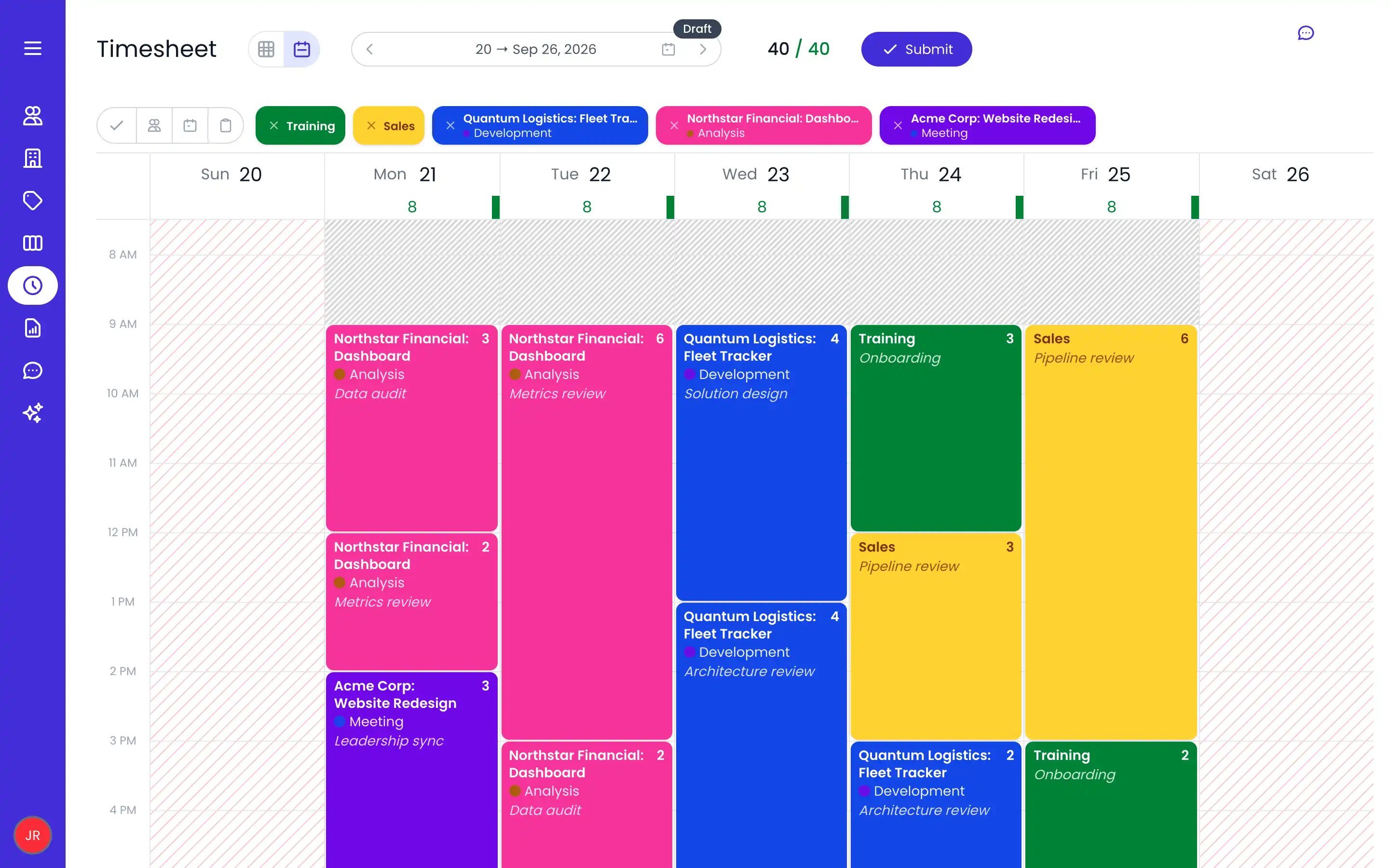 Beebole timesheet calendar view showing a week of time entries placed by hour, day headers with reported hours, and the favorites bar with frequent projects