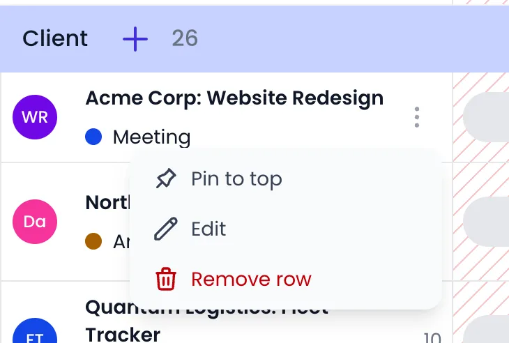 Beebole timesheet row action menu open on Acme Corp: Website Redesign, with Pin to top, Edit, and Remove row