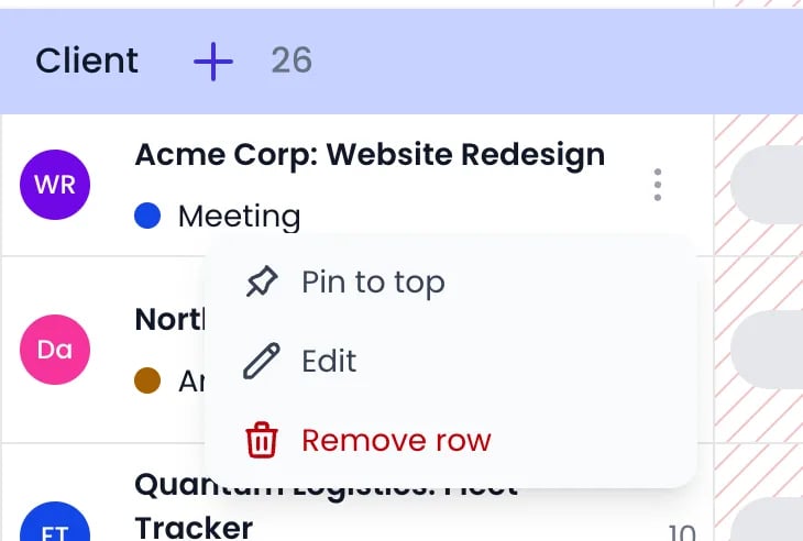 Beebole timesheet row action menu open on Acme Corp: Website Redesign, with Pin to top, Edit, and Remove row