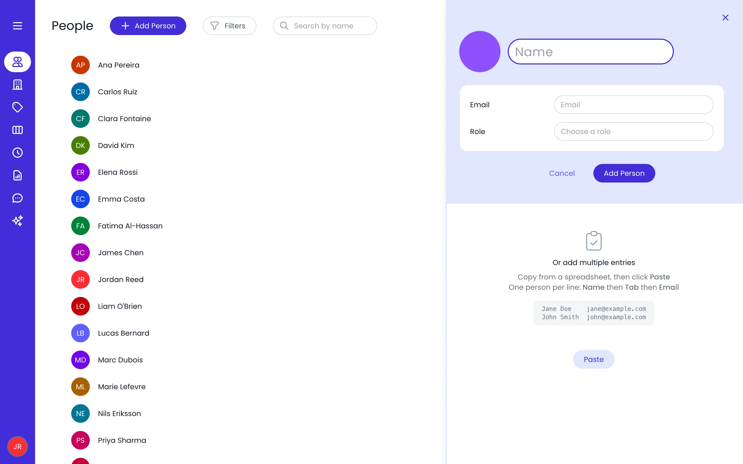 Beebole People page with the add panel open: the Name field, Email and Role fields, the Cancel and Add Person buttons, and the Or add multiple entries area with its Name then Tab then Email example and the Paste button